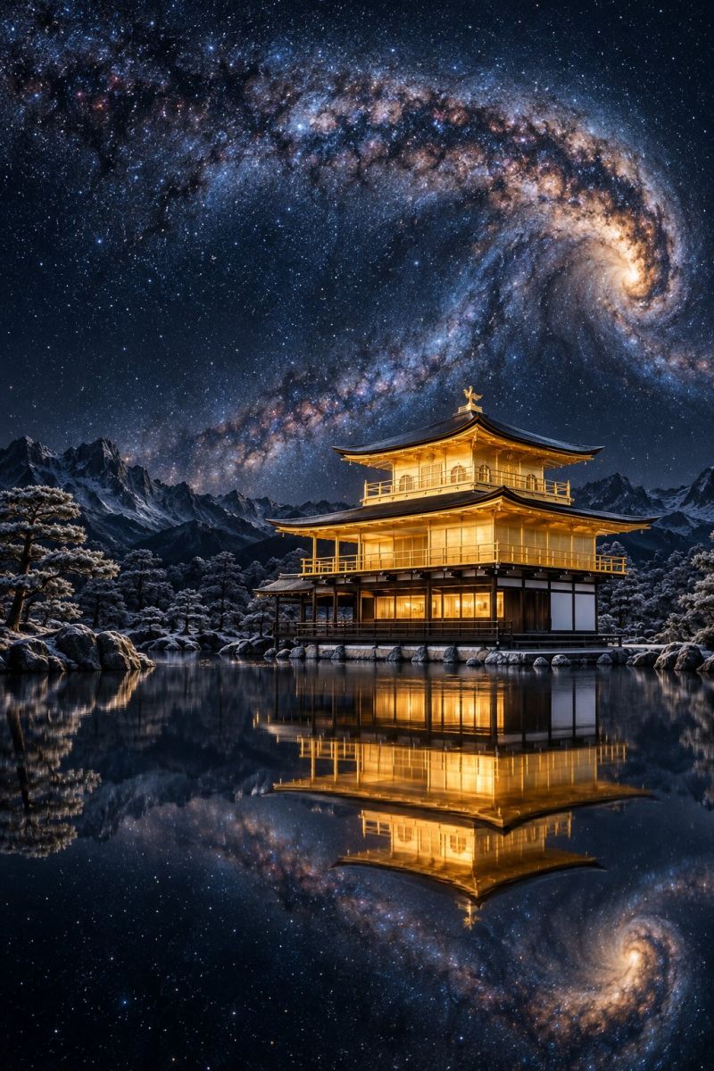 Temple nuit ciel architecture batiment reflexion eau lac montagne etoile galaxie cosmos univers zen meditation tranquillite nature espace heure doree temple doré avec un toit de pagode, situé sur un lac serein. Le temple est magnifiquement illuminé et reflète sa lueur dorée sur l'eau calme. Derrière le temple se trouve une majestueuse chaîne de montagnes et le ciel nocturne offre une vue imprenable sur la galaxie de la Voie lactée, avec ses bras spiraux et ses innombrables étoiles. Le reflet du temple et de la galaxie sur l'eau ajoute à la beauté éthérée de la scène.