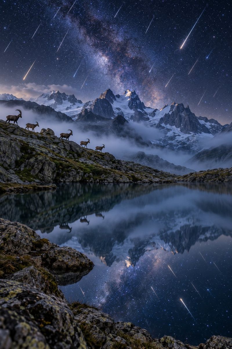 Mountains night sky stars wildlife animals nature reflection water rocks clouds fog meteors astronomy outdoors adventure milky way In the foreground, a group of mountain goats, or ibex, are walking along a rocky cliff edge. The goats are alert and seem to be moving in a line. The cliff is steep and rocky, with patches of green moss and small plants. Below the cliff, there is a calm lake reflecting the night sky and the mountain range. The sky is dark and filled with stars, with a few meteors streaking across. The mountain range in the background is covered in snow and has a rugged, jagged appearance. The overall scene is serene and majestic, with the natural beauty of the alpine environment on full display.