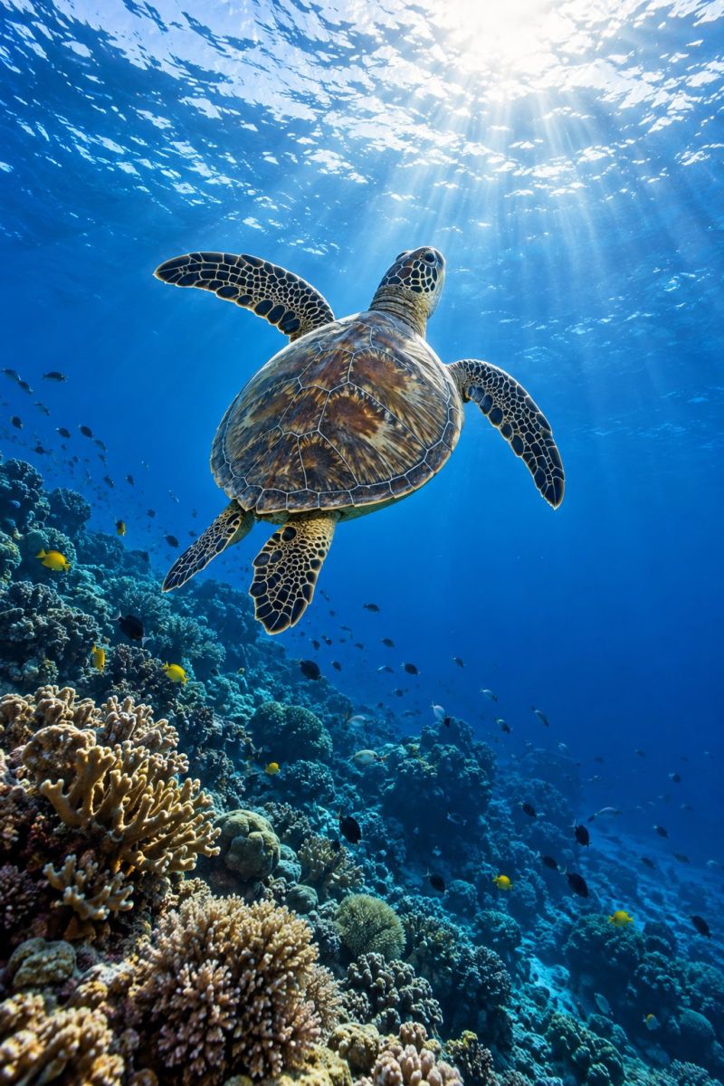 Sous marin ocean soleil baignade poissons faune nature aquatique biodiversite ecosysteme conservation recif mer tortue corail eau milieu vie Une tortue de mer nage gracieusement dans l'océan, sa carapace ornée de motifs complexes. Les nageoires de la tortue bougent en rythme lorsqu'elle glisse dans l'eau. Le fond de l'océan est une tapisserie vibrante de récifs coralliens aux formes et aux couleurs variées. De petits poissons s'élancent autour du corail, ce qui contribue à l'animation du paysage sous-marin. La lumière du soleil filtre à travers l'eau, projetant une lueur chaleureuse sur la tortue et la vie marine environnante.