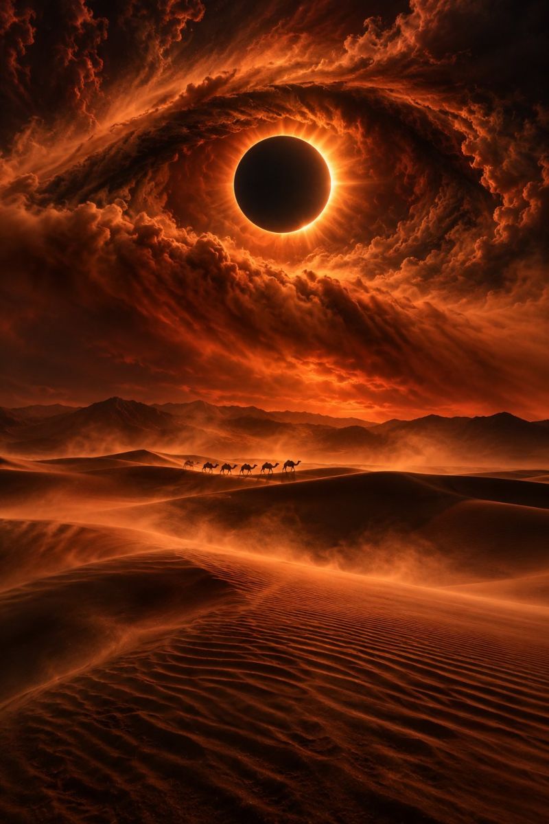 Desert sunset sky sun clouds eclipse shadow mountains sand dust horizon camels caravan journey adventure exploration nature In the foreground, a caravan of camels moves across a vast desert landscape. The dunes are large and rippled, with the sand blowing in the wind. The sky above is a dramatic mix of deep oranges and reds, with clouds swirling around a central, dark silhouette of the moon. The moon appears to be in a total eclipse, with the sun's rays shining through the clouds, creating a halo effect around the moon. The mountains in the background are silhouetted against the fiery sky, adding to the sense of vastness and isolation.
