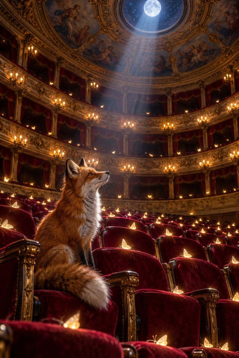 Renard theatre auditorium papillons clair lune bougies elegant majestueux faune fantaisie onirique nuit mystique performance interieur rouge chaises Dans un théâtre opulent, un renard roux est assis sur un fauteuil en velours, regardant vers le haut. Le théâtre est orné de motifs dorés complexes et de sièges en velours rouge. Le plafond présente un grand dôme avec une pleine lune et des étoiles, avec des faisceaux de lumière illuminant la scène. Les sièges sont disposés en rangées, et certains ont de petites lumières en forme de papillon. Le théâtre est vide, créant une atmosphère sereine et magique.