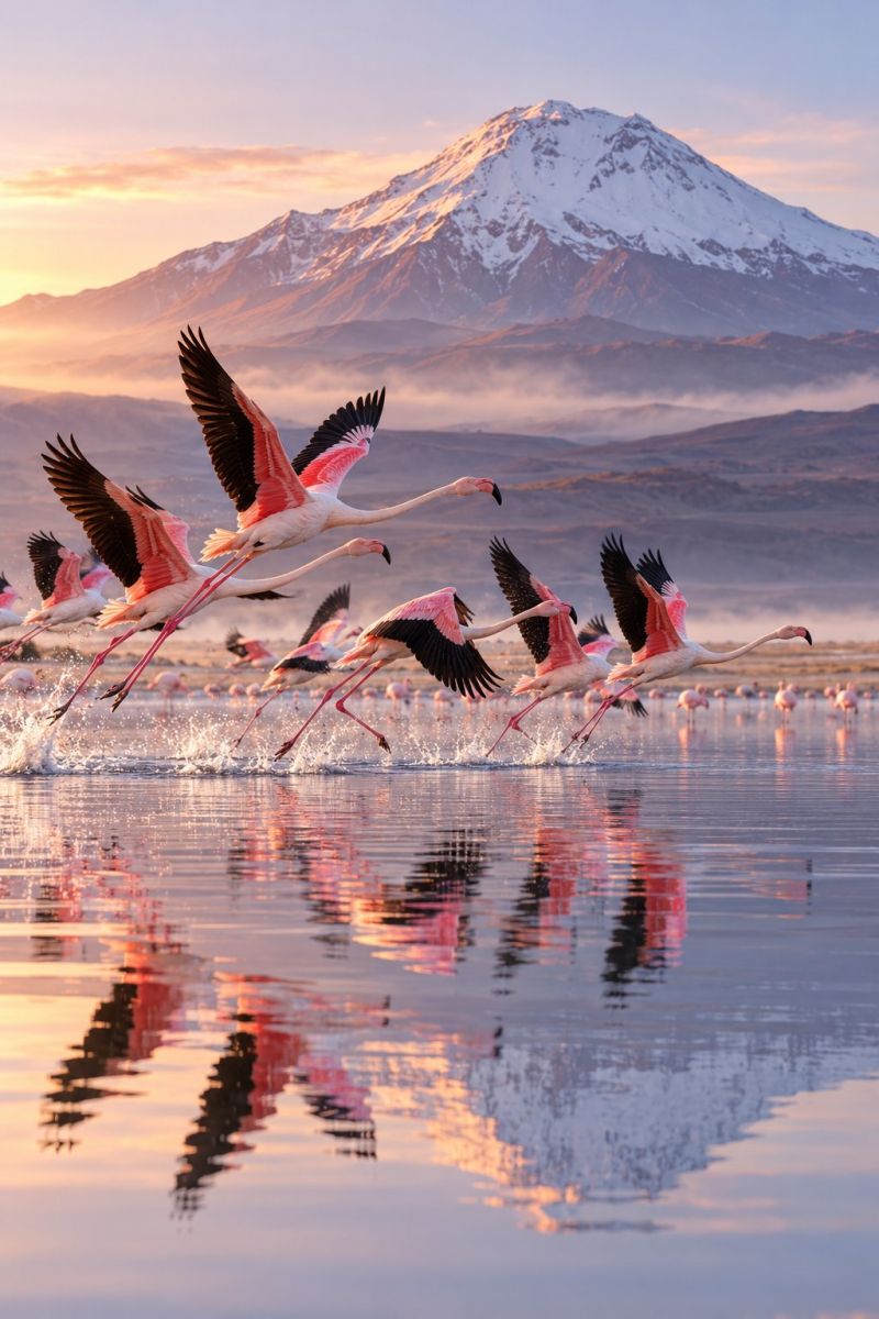 Flamants roses montagne lac eau ciel reflet faune nature coucher soleil oiseaux vol rose air animaux conservation sanctuaire Une volée de flamants roses survole un plan d'eau calme et leurs reflets scintillent à la surface. Les flamants roses ont des plumes roses et noires, ainsi que de longues pattes et un long cou. À l'arrière-plan, une montagne enneigée se dresse majestueusement, surmontée d'un ciel bleu clair. La scène se déroule au coucher du soleil, le ciel étant peint dans des tons orange et rose. L'eau est calme, avec de légères ondulations provoquées par les mouvements des oiseaux.