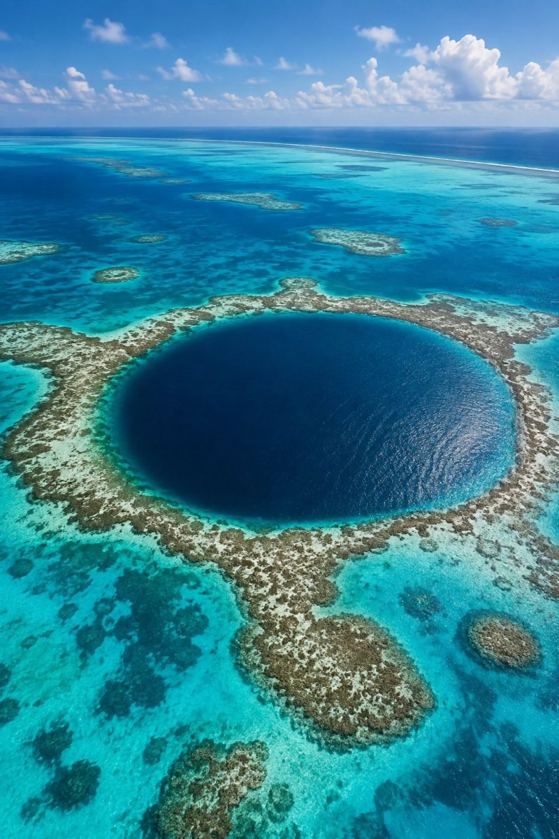 Ocean water sky sea blue cloud hole An aerial view of a vast, deep blue ocean with a prominent circular feature in the center, resembling a giant sinkhole or a deep underwater crater. The surrounding water is a vibrant turquoise, and the ocean floor is dotted with various coral formations and small islands. The sky above is a clear blue with scattered white clouds, adding to the serene and picturesque setting.