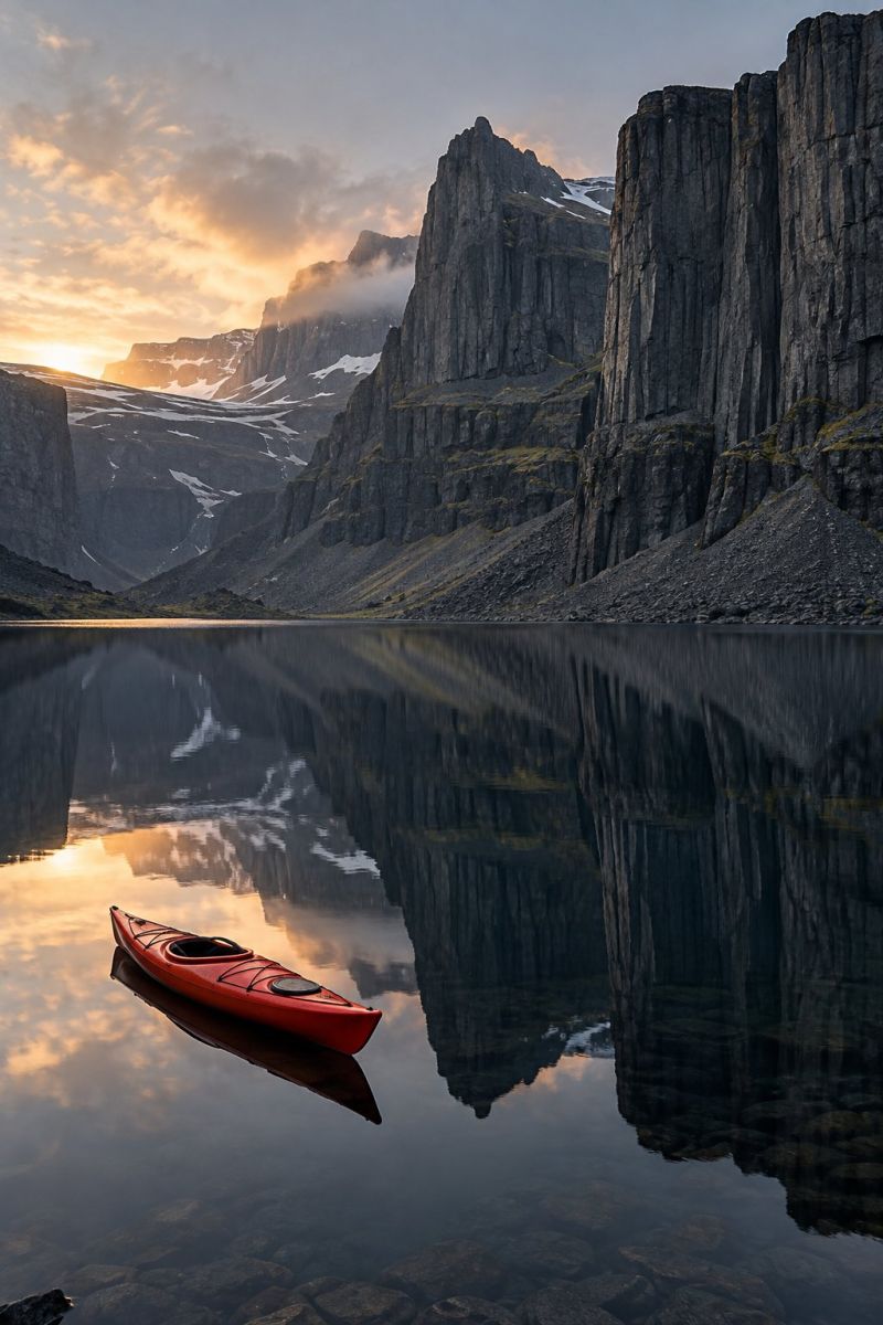 Kayak rouge lac volcanique image photographie magnifique prise précise montrant les méfaits sauvage des activités humaines sur la biodiversité sur la kayak rouge lac volcanique