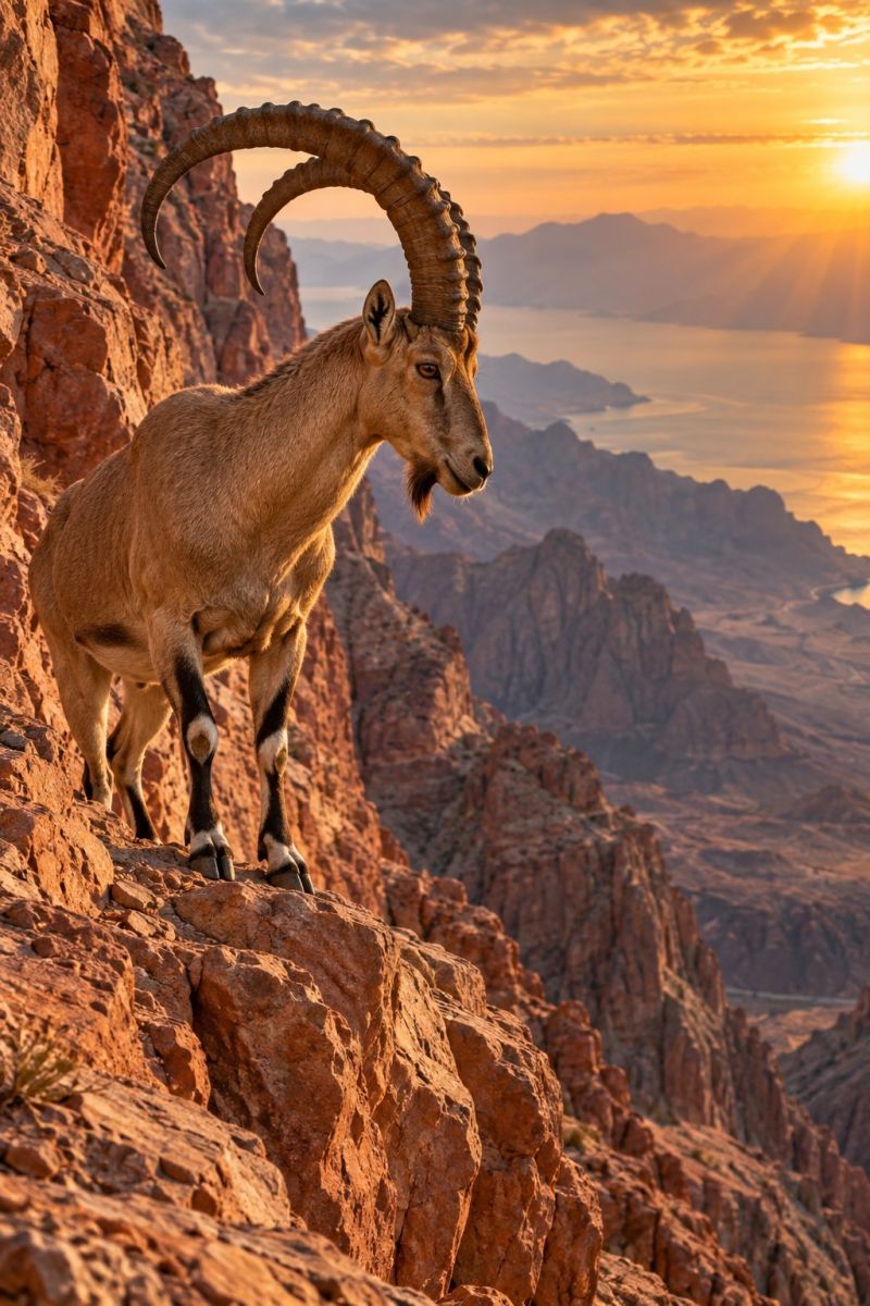 Animal wildlife mountain cliff goat nature outdoors sunset horizon rock hill valley sea sky cloud sun shadow texture A wild goat with large, curved horns stands on a rocky cliff, facing left. The goat has a brown coat with a white underbelly and black legs. The background features rugged mountains and a setting sun casting an orange glow over the landscape. The sky is partly cloudy, with the sun's rays shining through, illuminating the scene. In the distance, there is a body of water, possibly a sea or a large lake, reflecting the sunset's colors.