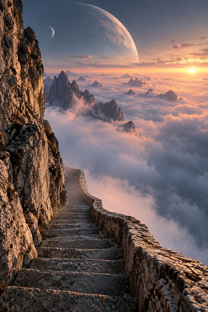 Montagne ciel nuage rocher colline soleil coucher nature horizon rochers montagnes nuages chaine sommet Un escalier en pierre mène à une falaise rocheuse, avec le soleil couchant derrière. Le ciel est un mélange de teintes orange et bleu, avec des nuages illuminés par le soleil couchant. Au loin, une grosse planète et une lune sont visibles dans le ciel. La planète est entourée d'un anneau de lumière et la lune est partiellement illuminée. Les nuages situés sous la planète et la lune sont illuminés par les rayons du soleil, créant une scène magnifique et surréaliste.
