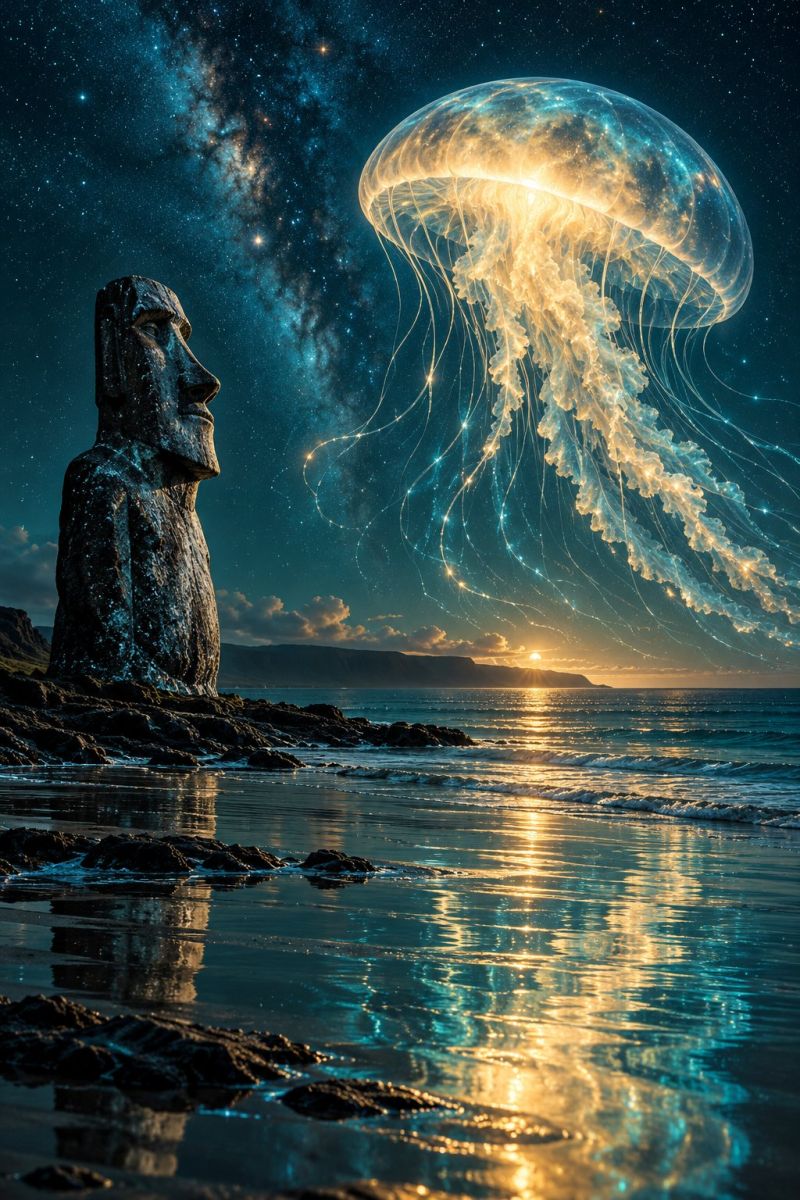 Ocean sea water beach rock sun sky night star cloud sunset reflection wave mountain island statue head large, glowing jellyfish floating above a rocky shore at sunset. The jellyfish has a translucent, glowing body with long, flowing tentacles. In the foreground, there is a large, stone statue of a human head with a serene expression, standing on the shore. The sky is a deep blue, filled with stars and a hint of the Milky Way. The sun is setting on the horizon, casting a warm, golden light on the water and the rocks. The water is calm, reflecting the colors of the sky and the setting sun.