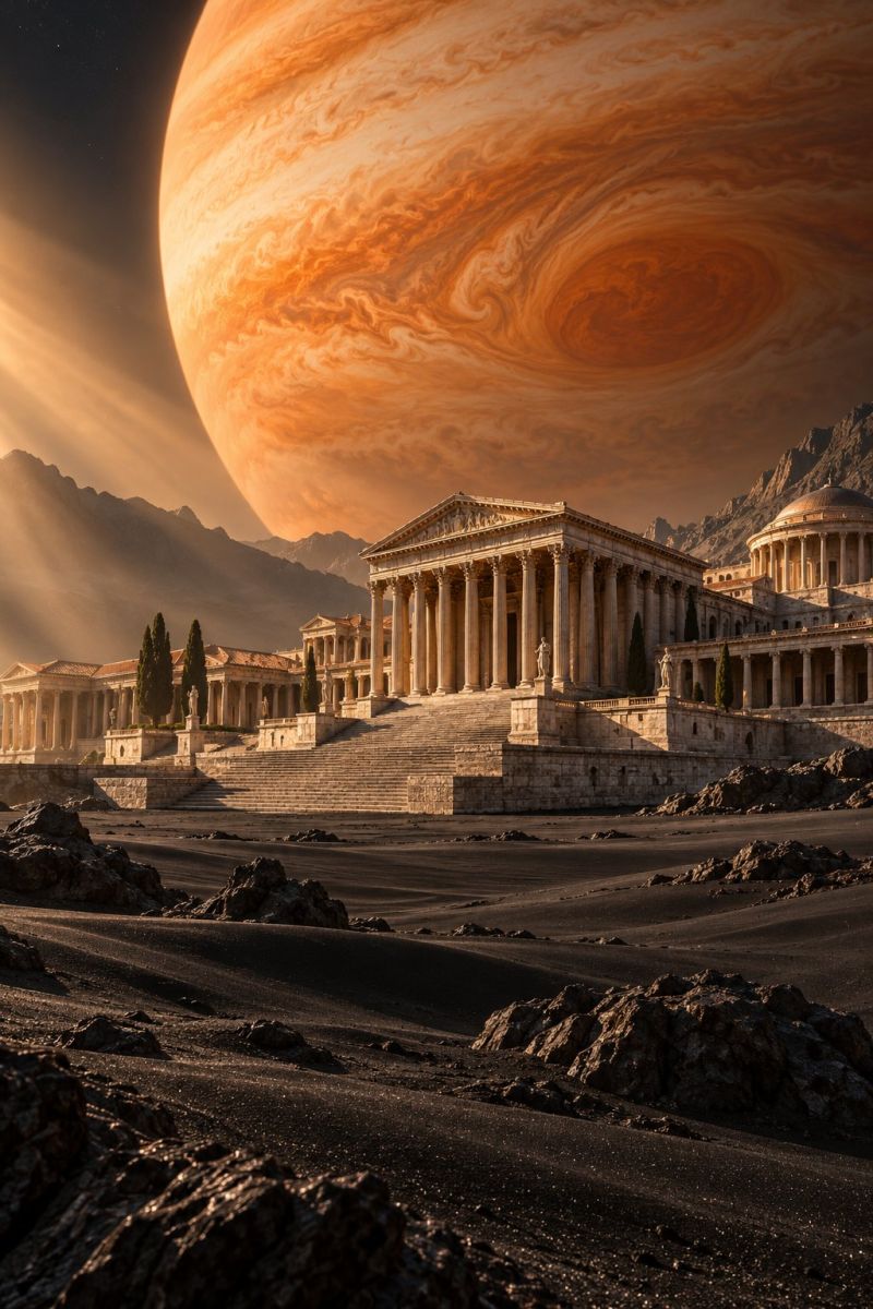 Planet architecture ancient temple ruins desert mountain sky sunlight rock building sculpture statue classical vast, ancient architectural complex set against a back of a large, swirling planet, likely Jupiter, with its iconic storm patterns. The complex features a grand, classical building with a large, open portico supported by numerous columns. The building has a symmetrical design with a central dome and a smaller dome on the right side. The architecture is reminiscent of ancient Greek or Roman styles. The scene is bathed in warm, golden light, casting long shadows across the ground. The foreground is rocky and barren, with scattered stones and a few trees. The sky is dark, with the planet's light illuminating the scene.