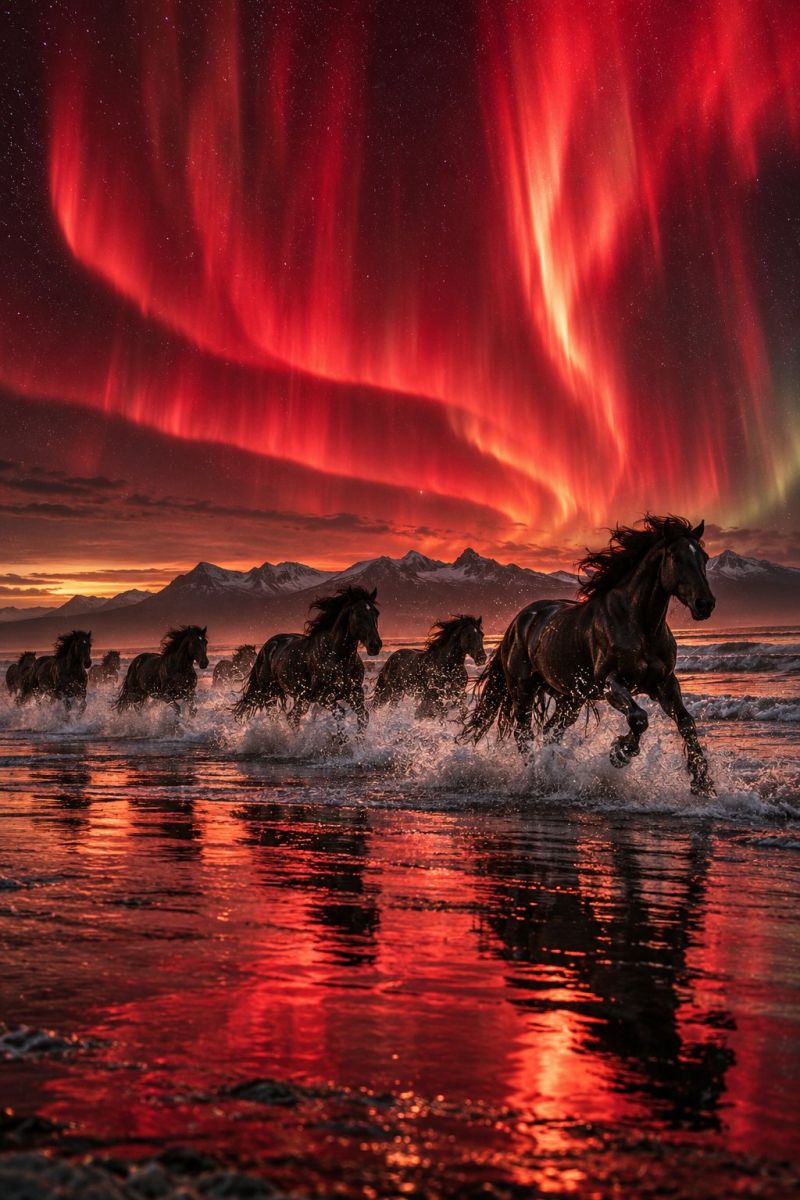 Horses night sky water red horse beach running wild animal nature sea ocean mountains sunset reflection waves aurora borealis A herd of black horses runs along a beach under a dramatic sky. The sky is filled with vibrant red and green hues of the aurora borealis, casting a magical glow over the scene. The horses are in mid-gallop, their hooves kicking up sprays of water. The water reflects the colors of the sky, creating a shimmering effect. In the background, there are silhouettes of mountains, adding to the majestic atmosphere. The overall scene is a blend of natural beauty and dynamic movement.