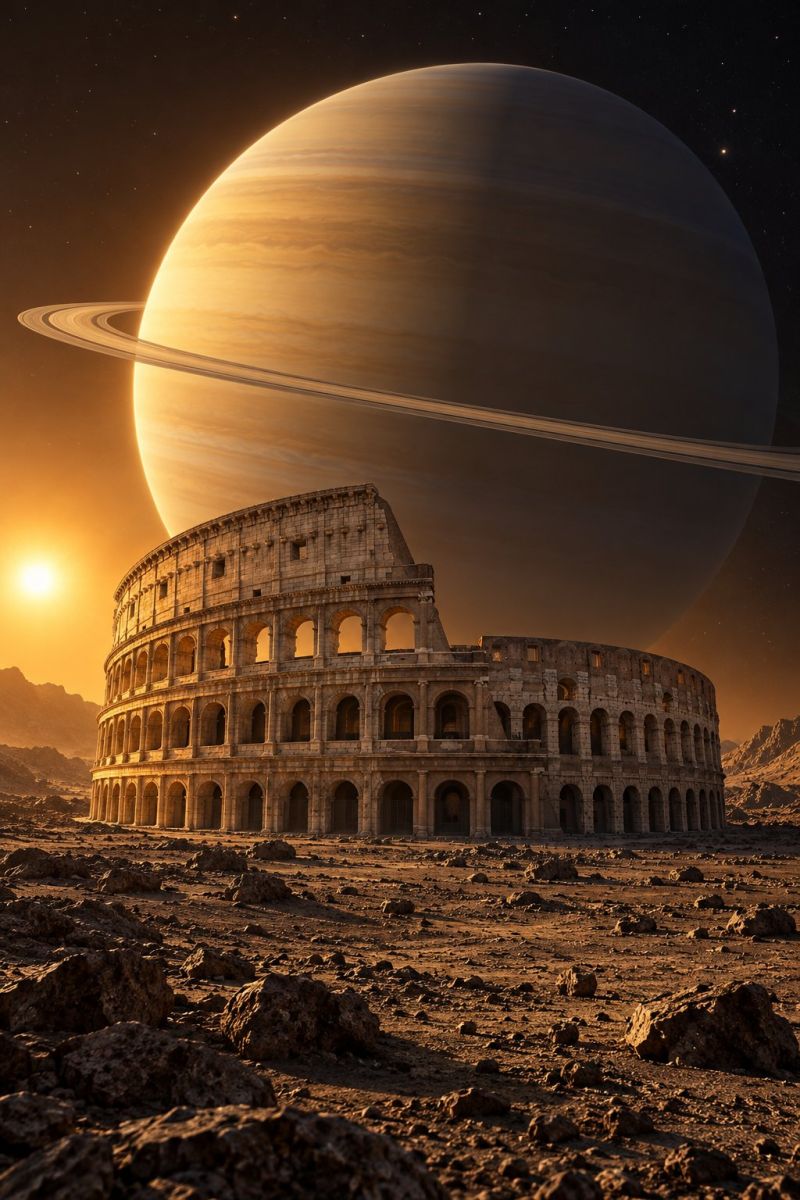 Planete espace univers ciel astronomie celeste cosmique galaxie etoile cosmos astrophysique astrologie astrophotographie astronomique un vaste amphithéâtre romain antique avec pour toile de fond une planète massive, probablement Saturne, avec ses anneaux emblématiques bien en évidence. L'amphithéâtre, qui ressemble au Colisée, est construit en pierre et comporte une série d'arcs et de colonnes. La scène est baignée d'une lumière chaude et dorée, provenant probablement d'un soleil couchant, projetant de longues ombres sur le terrain rocheux. Le ciel est sombre, rempli d'étoiles, et les anneaux de la planète sont clairement visibles, ce qui ajoute une impression d'échelle et d'émerveillement à l'image.