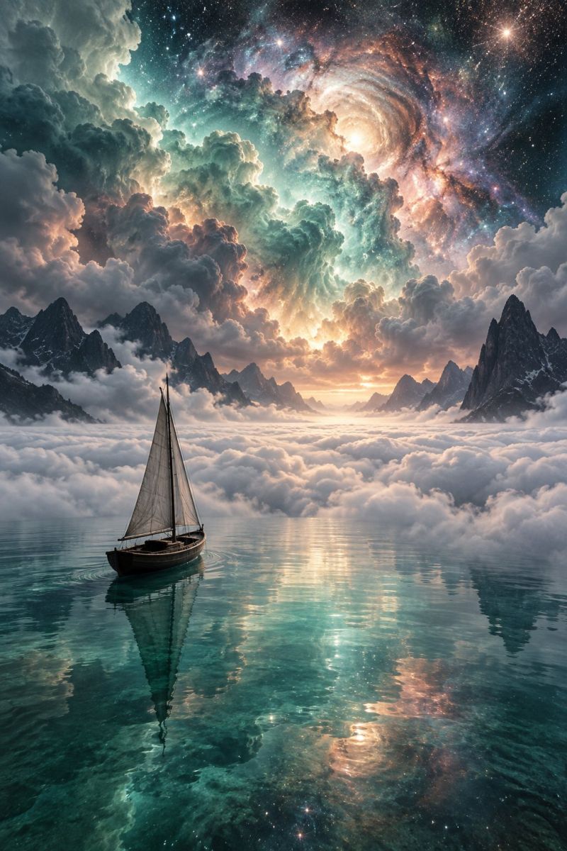 Boat cloud clouds cosmos dream dreams fantasy fog galaxy imagination lake mountain mountains ocean reflection sail sailboat sailing sky In the foreground, a small sailboat floats on a serene body of water, its reflection shimmering on the surface. The sky above is a breathtaking blend of colors, transitioning from deep blues and purples to warm yellows and oranges, suggesting a sunset or sunrise. Above the water, clouds float in a surreal manner, creating a sense of floating above the clouds. In the background, majestic mountains rise, their peaks partially obscured by the clouds. The sky is filled with a stunning display of stars and a galaxy, adding to the mystical atmosphere. The entire scene is bathed in a soft, ethereal light, enhancing the dreamlike quality of the image.