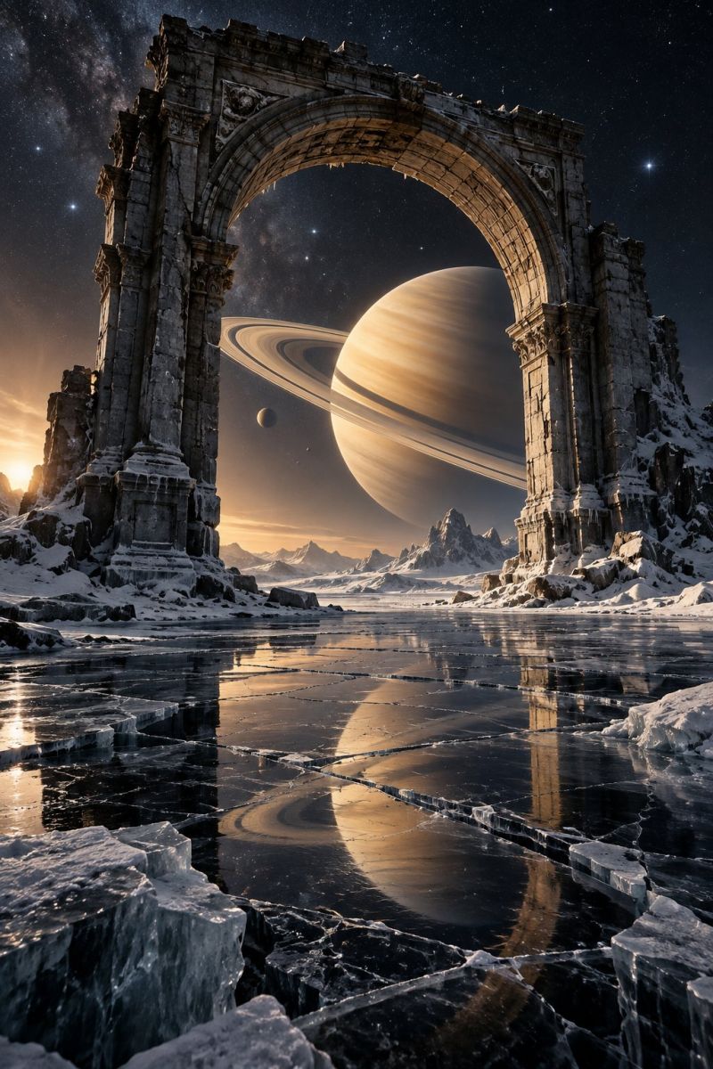 Architecture astronomie pont cosmos creativite design reve fantaisie fiction galaxie imagination inspiration nuit planete reflexion espace paysage surréaliste avec une grande arche en pierre ancienne sur fond de vaste terrain glacé. L'arche est patinée et semble faire partie d'une structure en ruine, avec des sculptures complexes sur sa surface. Au-delà de l'arche, une planète majestueuse, probablement Saturne, domine le ciel, avec ses anneaux emblématiques et une petite lune à proximité. La planète est baignée d'une lumière chaude et dorée qui contraste avec l'environnement froid et glacial. Le ciel est rempli d'étoiles et l'horizon est marqué par une lointaine chaîne de montagnes enneigée. Au premier plan, un lac gelé reflète l'arche et les corps célestes au-dessus, créant un effet de miroir. La scène d'ensemble combine des éléments d'architecture ancienne, des corps célestes et un paysage gelé, évoquant un sentiment d'émerveillement et d'intemporalité.