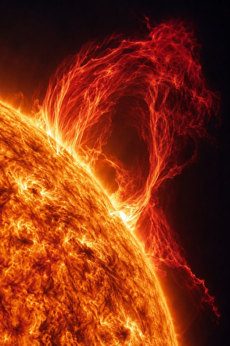 Soleil solaire feu chaleur energie electricite centrale production approvisionnement reseau panne consommation efficacite gestion source systeme techn le Soleil, qui met en évidence sa surface ardente et son atmosphère dynamique. La surface du Soleil est d'un orange et d'un jaune éclatants, avec des motifs tourbillonnants qui suggèrent une chaleur et un mouvement intenses. De grands panaches ardents s'étendent vers l'extérieur depuis la surface du Soleil et ressemblent à des flammes ou à des éruptions solaires. Ces panaches sont brillants et intenses, contrastant fortement avec le fond sombre. L'effet global est celui d'un corps céleste puissant et brillant, qui émet une chaleur et une énergie intenses.