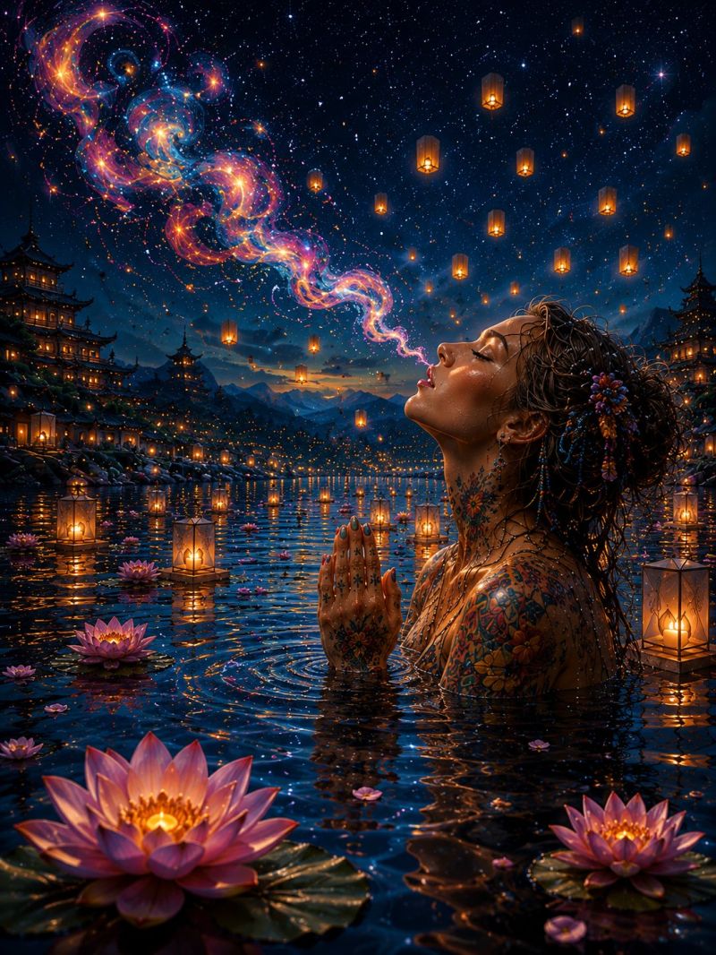 Water flower night sky woman painting fantasy imagination dream meditation relaxation calm serene tranquil peaceful beauty nature a woman with tattoos is submerged in a serene body of water, possibly a lake or river, under a night sky. She is gazing upward, her mouth slightly open as if she is exhaling a mystical, colorful mist that swirls around her head. The water is calm, with floating pink lotus flowers and small, glowing lanterns that reflect on the surface. In the background, there are buildings with many lit windows, and more lanterns floating in the air, creating a magical and tranquil atmosphere.