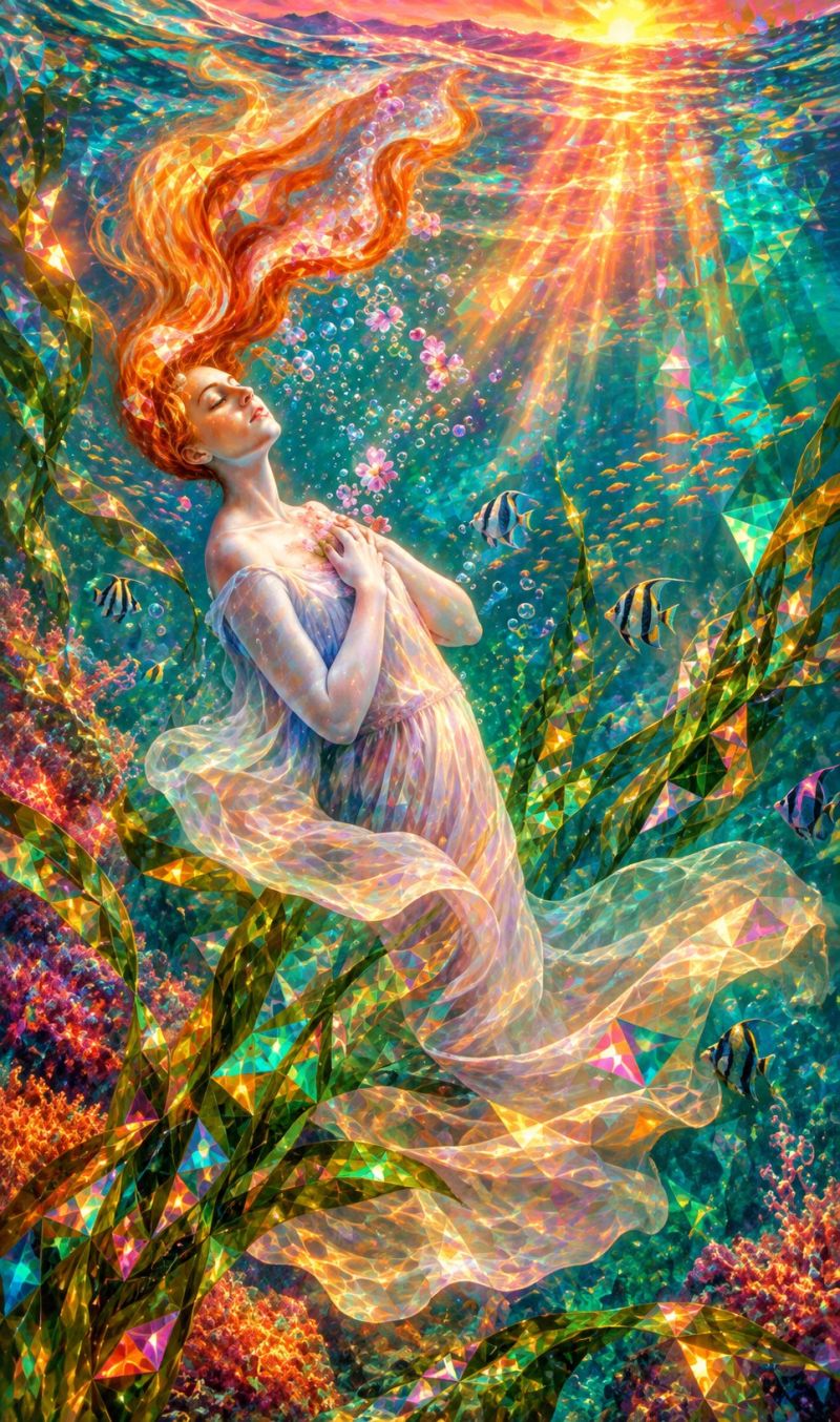 Sous eau fantaisie sirene ocean mer poisson corail recif soleil bulles onirique nature beaute your into underwater fantasy mermaid sea water fish cora Dans la scène sous-marine, une femme aux cheveux rouges ondulés flotte gracieusement. Elle porte une robe fluide qui scintille à la lumière, se fondant avec les couleurs vives du récif corallien qui l'entoure. L'eau est remplie de bulles et de petits poissons, ajoutant à l'atmosphère vivante. L'arrière-plan présente une lumière chaude et brillante du soleil, projetant une lueur magique sur toute la scène.