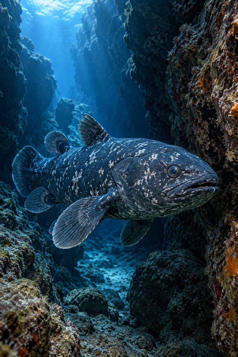 Poisson ocean sous marin mer aquarium faune nature corail recif milieu vie eau profonde animal tropical natation Un gros poisson au corps long et élancé et à la petite tête nage dans l'océan. Le poisson a un corps gris foncé avec des taches blanches et un ventre blanc. Ses nageoires sont petites et situées près de sa tête. Le poisson nage dans une zone sombre et profonde de l'océan, entourée de rochers et de récifs coralliens. L'eau est claire et la lumière du soleil brille à travers l'eau, illuminant les poissons et les environs.