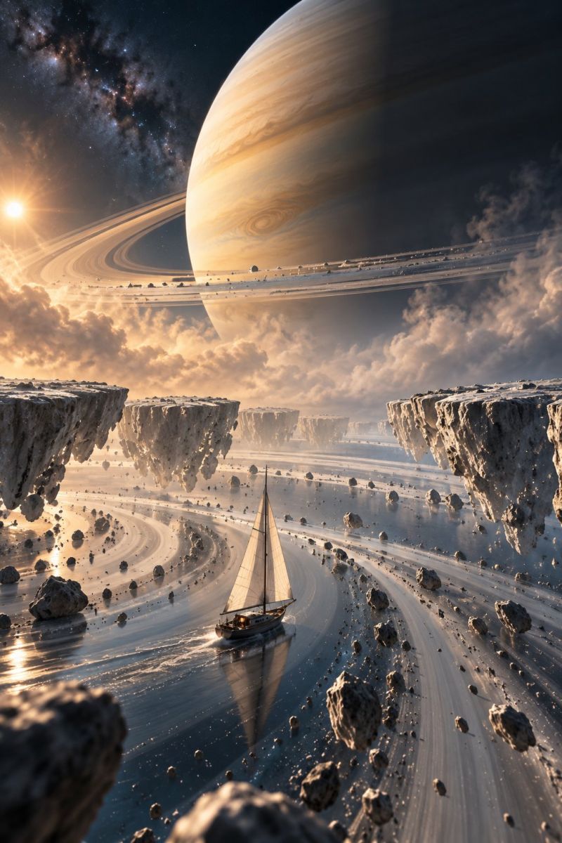 Espace planete astronomie cosmos univers celeste galactique etoile cosmique exploration galaxie solaire systeme Au premier plan, un voilier glisse gracieusement sur un plan d'eau serein, entouré de rochers épars. L'eau reflète le ciel, créant un effet de miroir. Le voilier est doté d'un grand mât et d'une voile blanche qui flotte au gré du vent. La scène se déroule sur fond d'une vaste planète géante gazeuse aux anneaux proéminents, baignée d'une douce lumière dorée. L'atmosphère de la planète est un mélange de teintes jaunes et blanches, avec des nuages tourbillonnants qui ajoutent de la profondeur. Au loin, une étoile brillante brille, projetant une douce lueur sur l'ensemble de la scène. Le ciel est rempli d'étoiles et l'atmosphère générale est calme et surnaturelle.