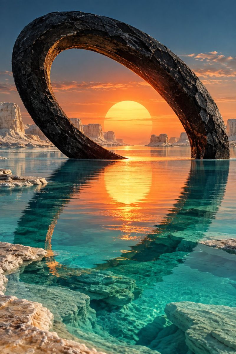 Sunset lake water rock sky reflection horizon cloud sun nature sea beach mountain clouds rocks seascape outdoors day large, curved stone structure resembling a ring, partially submerged in a serene body of water. The water is a deep blue, reflecting the vibrant colors of the sunset in the background. The sun is setting, casting a warm orange and pink hue across the sky, which is dotted with wispy clouds. The water is calm, with gentle ripples around the stone structure. In the distance, there are rocky formations and a horizon line, adding to the tranquil and picturesque scene.