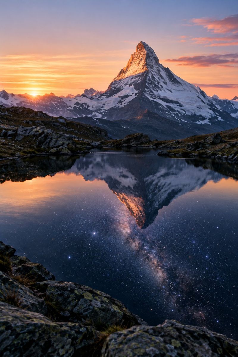 Mountain peak sunset reflection lake sky stars night nature outdoors rocks water clouds horizon glacier ice snow mountaineering range The image captures a breathtaking view of a mountain peak, possibly the Matterhorn, reflecting beautifully in a calm lake. The sun is setting, casting a warm orange glow across the sky and the mountain's snow-covered slopes. The reflection of the mountain and the sky in the water adds a serene and almost magical quality to the scene. The foreground features rocks and grass, with the water reflecting the stars and the Milky Way, adding a touch of cosmic wonder to the landscape.