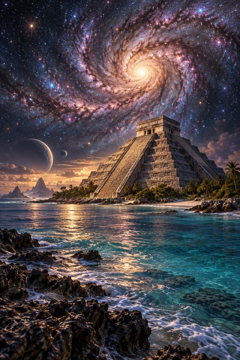 Ancient architecture astronomy beach building city cloud cosmos culture destination earth exploration galaxy history mexico night chichen itza A large pyramid stands on a beach with a serene ocean in the foreground. The pyramid is made of stone and has a stepped structure. The sky above is a stunning display of a spiral galaxy, with vibrant colors of purple, blue, and yellow. In the distance, a large planet and a smaller moon are visible against the back of the galaxy. The scene is set at sunset, with warm hues of orange and pink reflecting off the water. The beach is surrounded by lush greenery, including palm trees, and the waves gently lap against the shore.
