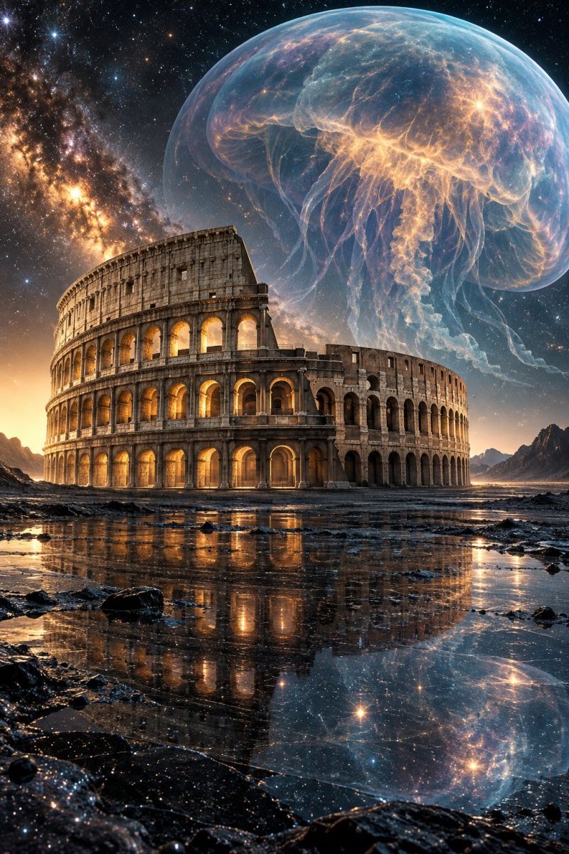 Architecture building city classical temple The image features the iconic Colosseum in Rome, Italy, standing prominently against a back of a surreal, glowing jellyfish-like sphere. The Colosseum, with its grand arches and stone structure, is bathed in warm, golden light, creating a striking contrast against the dark, starry sky. The sphere, resembling a jellyfish, floats above the Colosseum, its translucent body glowing with a mix of blue, yellow, and orange hues. The scene is set against a back of a galaxy, with stars and nebulae adding to the cosmic atmosphere. The reflection of the Colosseum and the sphere can be seen in the water below, adding depth and a sense of tranquility to the image.