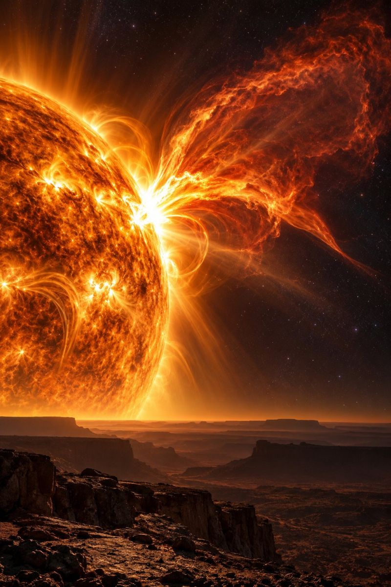 Sun solar flare space astronomy cosmos universe star energy heat radiation magnetic field plasma atmosphere eclipse science exploration dramatic scene of the sun in the night sky. The sun is depicted as a massive, fiery orb with intense, swirling flames and bright, radiant light emanating from it. The sun's surface is covered in a complex pattern of swirling, fiery lines and streaks, giving it a dynamic and powerful appearance. The sun's light illuminates the surrounding area, casting a warm, orange glow on the rocky landscape below. The sky is dark and filled with stars, adding to the dramatic and awe-inspiring atmosphere of the image.