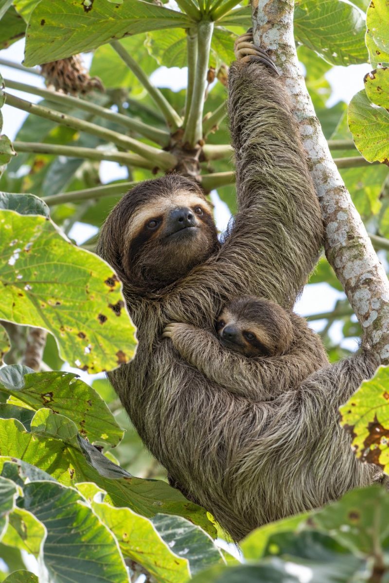 Sloth baby mother tree wildlife nature animal mammal jungle forest conservation endangered habitat climbing hanging outdoors wild ecology biodiversity a mother sloth is hanging from a tree branch with her baby. The mother sloth has a long, shaggy coat and is holding her baby close to her chest. The baby sloth is small and has a similar coat. They are both looking up, possibly towards the sky. The tree is full of large, green leaves with some brown spots, and the sunlight is shining through the leaves, casting a soft light on the scene.