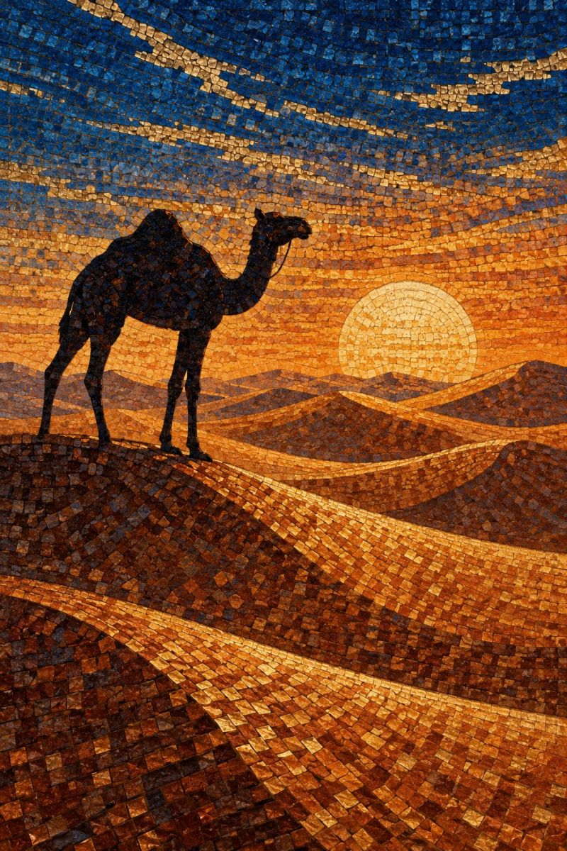 Beauty camel desert drawing evening mosaic mosaics painting sunset fine design pattern tile wall Oeuvre d'art en mosaïque représentant un chameau debout sur une dune dans un paysage désertique. Le chameau est représenté en silhouette, la tête tournée vers la droite, debout sur une petite colline. Le désert est composé de mosaïques complexes dans des tons de brun, d'orange et de jaune, créant une représentation texturée et détaillée des dunes de sable. Le ciel au-dessus est un dégradé de bleu et d'orange, passant d'un bleu profond en haut à un orange chaud près de l'horizon, où le soleil est représenté sous la forme d'une grande mosaïque circulaire. Les rayons du soleil sont représentés par des lignes dorées rayonnant vers l'extérieur, donnant une impression de profondeur et de dimension à la scène