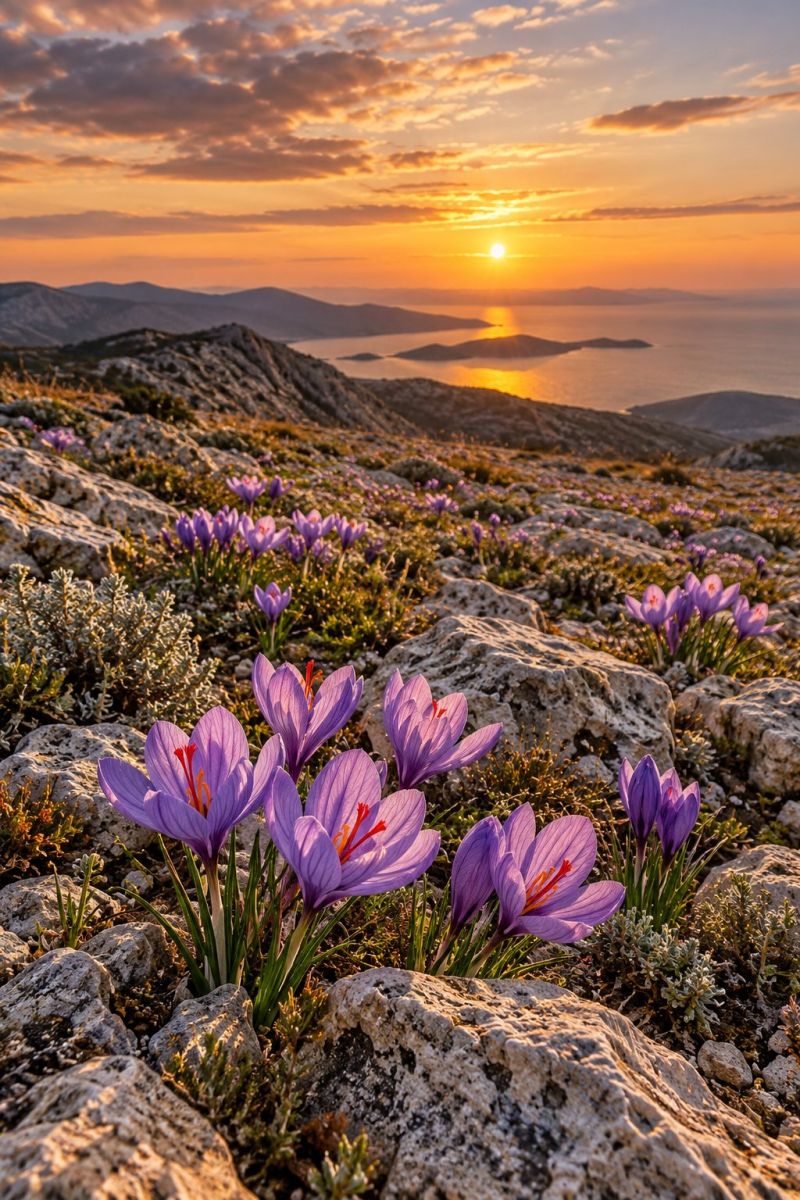 Flowers mountain nature outdoors rock rocks scenery sunset sunsets travel water wildflowers flower hill sea seascape sky sunrise The image captures a breathtaking sunset over a mountainous landscape. The sun is setting on the horizon, casting a warm, golden light across the scene. The sky is a mix of soft pinks, oranges, and purples, with wispy clouds adding texture. In the foreground, there are numerous purple crocus flowers blooming among rocks and sparse greenery. The flowers have long, slender petals and bright yellow centers. The mountains in the background are rugged and covered in a mix of grass and shrubs. In the distance, the sea glistens under the setting sun, with several small islands visible. The overall atmosphere is serene and picturesque, with the natural beauty of the landscape highlighted by the warm, golden light of the sunset.