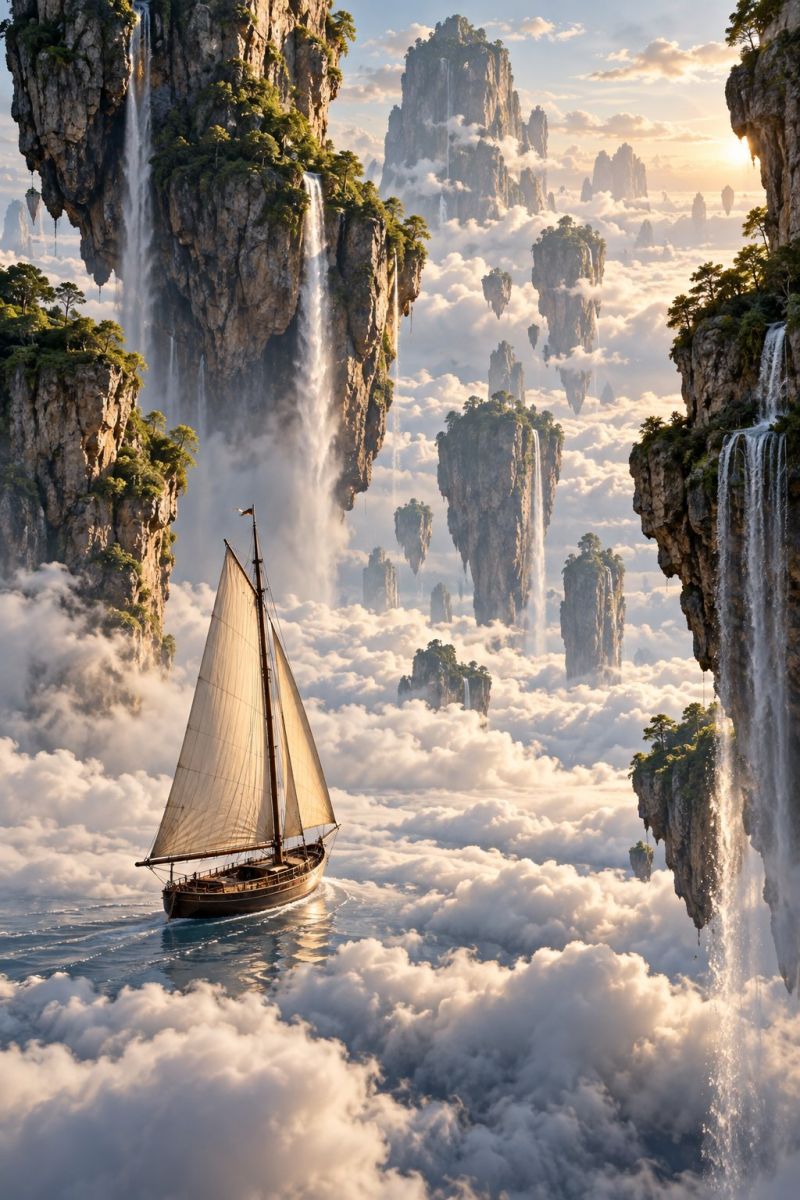 Boat water sky cloud mountain rock sun sunlight sunrise sunset nature sea ocean sailing ship vessel yacht yachting In the foreground, a sailboat with a tall mast and billowing sails is sailing through a sea of clouds. The boat appears to be moving forward, with its sails catching the wind. The clouds are thick and white, creating a sense of depth and atmosphere. In the background, there are several large, rocky cliffs with waterfalls cascading down them. The cliffs are covered in lush vegetation, and the waterfalls are surrounded by mist. The sky is clear and blue, with the sun shining brightly, casting a warm glow on the scene. The overall image has a fantastical and dreamlike quality, as if it were a scene from a fantasy movie or a painting.