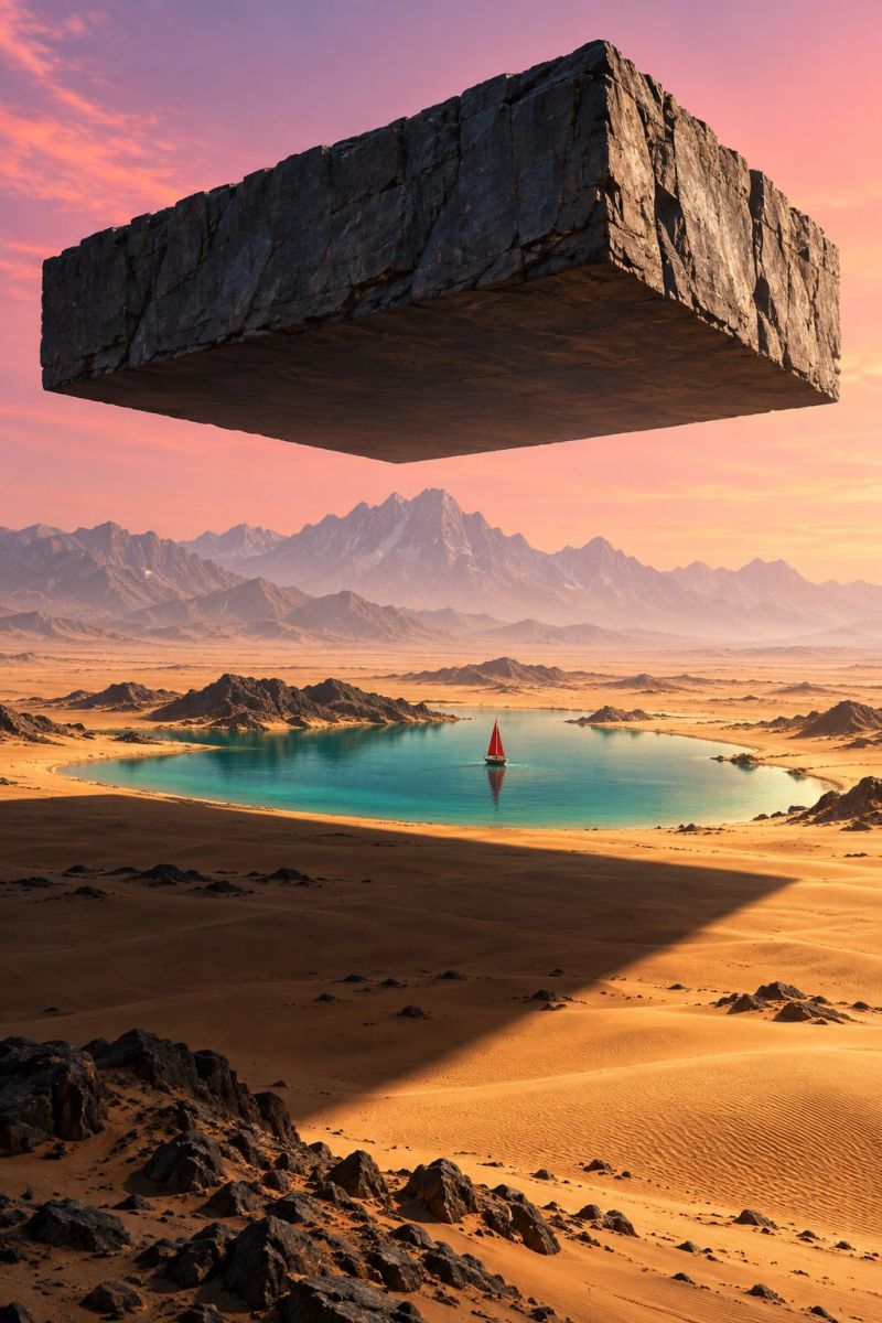 Desert lac montagne rocher sable ciel coucher soleil eau bateau nuage jour distance soiree horizon reflet rochers ombre une grande formation rocheuse sombre flotte au-dessus d'un paysage désertique serein. En contrebas, un petit voilier à voile rouge flotte doucement sur un lac turquoise tranquille. Le lac est entouré de dunes de sable doré et, au loin, une chaîne de montagnes se dessine sur un ciel peint dans des tons de rose et d'orange, évoquant l'aube ou le crépuscule. La scène est paisible et surnaturelle, la roche flottante ajoutant une touche surréaliste au cadre paisible du désert.