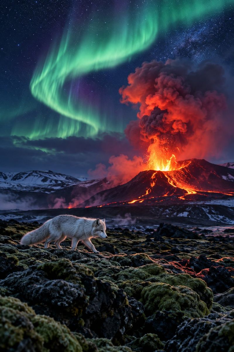 Volcano lava mountain sky night aurora fire smoke rock ice wilderness nature wildlife fox fur furry arctic snow winter In the foreground, a white arctic fox walks across rocky terrain covered in moss. The fox's fur is bright white, blending with the snowy ground. Behind the fox, a volcano erupts with lava flowing down its slopes, casting a fiery glow against the dark sky. Above, the aurora borealis dances in vibrant greens and purples, creating a surreal contrast with the fiery eruption below. The sky is a deep blue, dotted with stars, adding to the dramatic scene.
