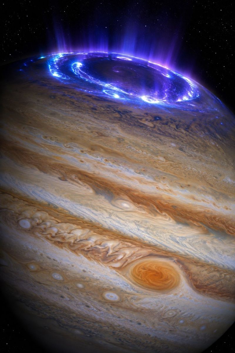 Planet space astronomy cosmos universe celestial star galaxy nebula cosmic astrophysics astronomical starry galactic cosmology astrology astro outer view of Jupiter, the largest planet in our solar system. The planet is depicted with its iconic swirling cloud patterns, featuring shades of brown, orange, and white. At the top of the image, there is a prominent blue and purple aurora, a natural light display caused by charged particles interacting with the planet's magnetic field. The aurora is circular and appears to be emanating from the planet's poles. The background is dark, with scattered stars visible, emphasizing the vastness of space.