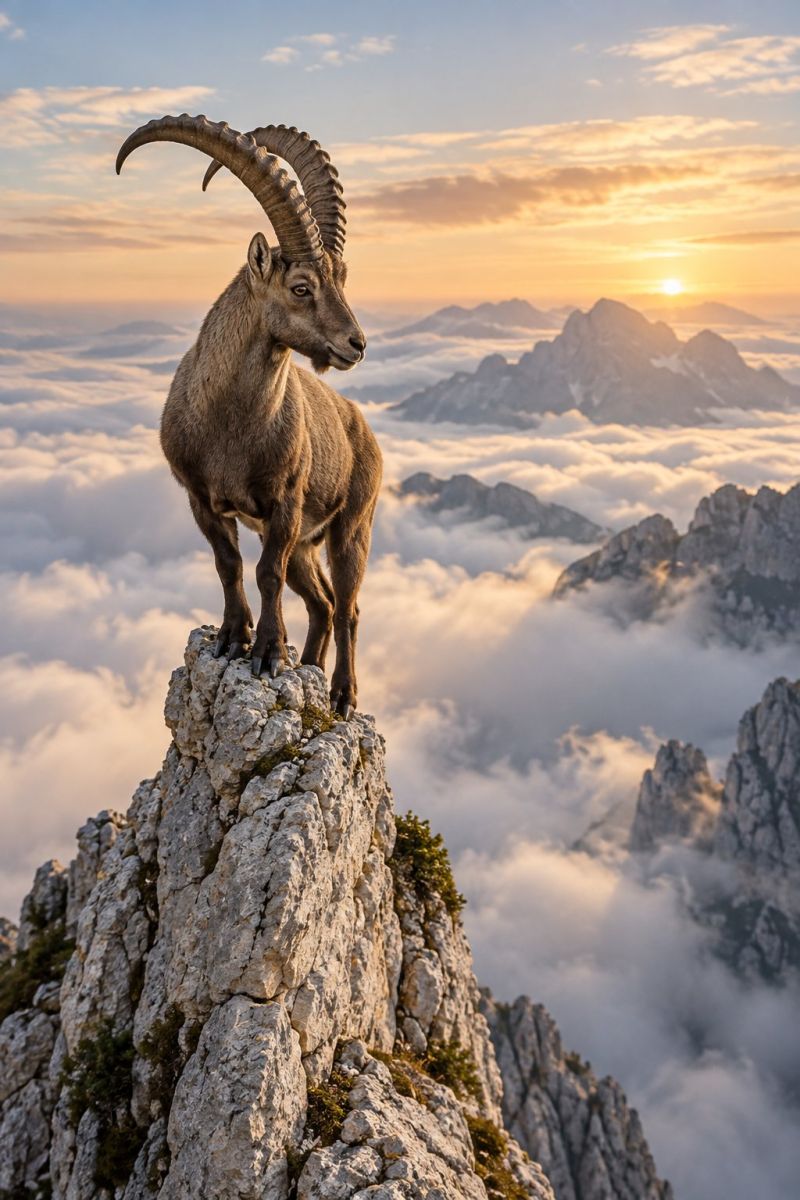 Animal wildlife nature mountain goat cliff rock sky sunset cloud horizon outdoors hill ridge valley fog mist rocky cliffs A majestic alpine ibex stands on a rocky cliff, its horns curving gracefully backward. The ibex is brown with a white underbelly, and it looks alert, possibly surveying its surroundings. The cliff is steep and rocky, with patches of green moss and small plants clinging to the surface. Below, the landscape is a mix of rugged mountains and clouds, with the sun setting in the distance, casting a warm glow over the scene.
