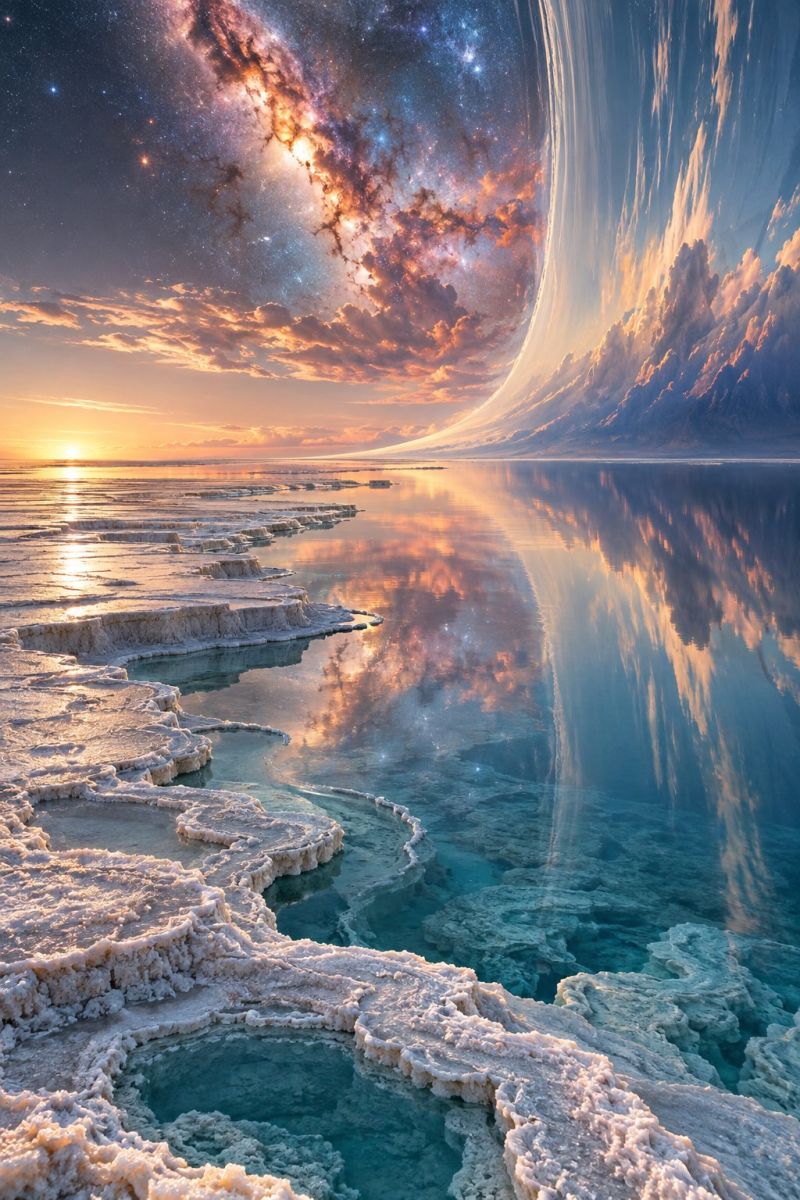 Sunset sky water reflection lake sea cloud horizon sun nature seascape outdoors skyline clouds ocean waves surreal landscape with a vast, reflective body of water under a dramatic sky. The water is calm and mirrors the sky, which is filled with vibrant hues of orange, pink, and blue, suggesting a sunset or sunrise. The water's surface is dotted with natural formations, possibly salt deposits, creating a textured, uneven terrain. The sky above is a blend of deep blues and fiery oranges, with a hint of the Milky Way galaxy visible, adding a cosmic element to the scene. The horizon line is sharp, dividing the sky from the water, and the overall atmosphere is serene and otherworldly.