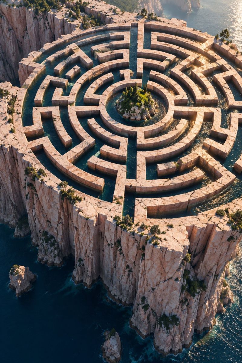 Labyrinthe rocher falaise eau aerien ile chemin soleil nature air architecture design geometrie structure mer ciel montagne grand labyrinthe complexe sculpté dans une falaise rocheuse surplombant l'océan. Le labyrinthe est circulaire, avec en son centre une petite île entourée d'eau. Le labyrinthe est fait de blocs de pierre et l'eau est claire et reflète le ciel. La falaise est abrupte et accidentée, avec des zones de végétation verte accrochées aux rochers. L'océan est calme, sans vagues ni bateaux visibles. Le ciel est clair et bleu, signe d'une journée ensoleillée.