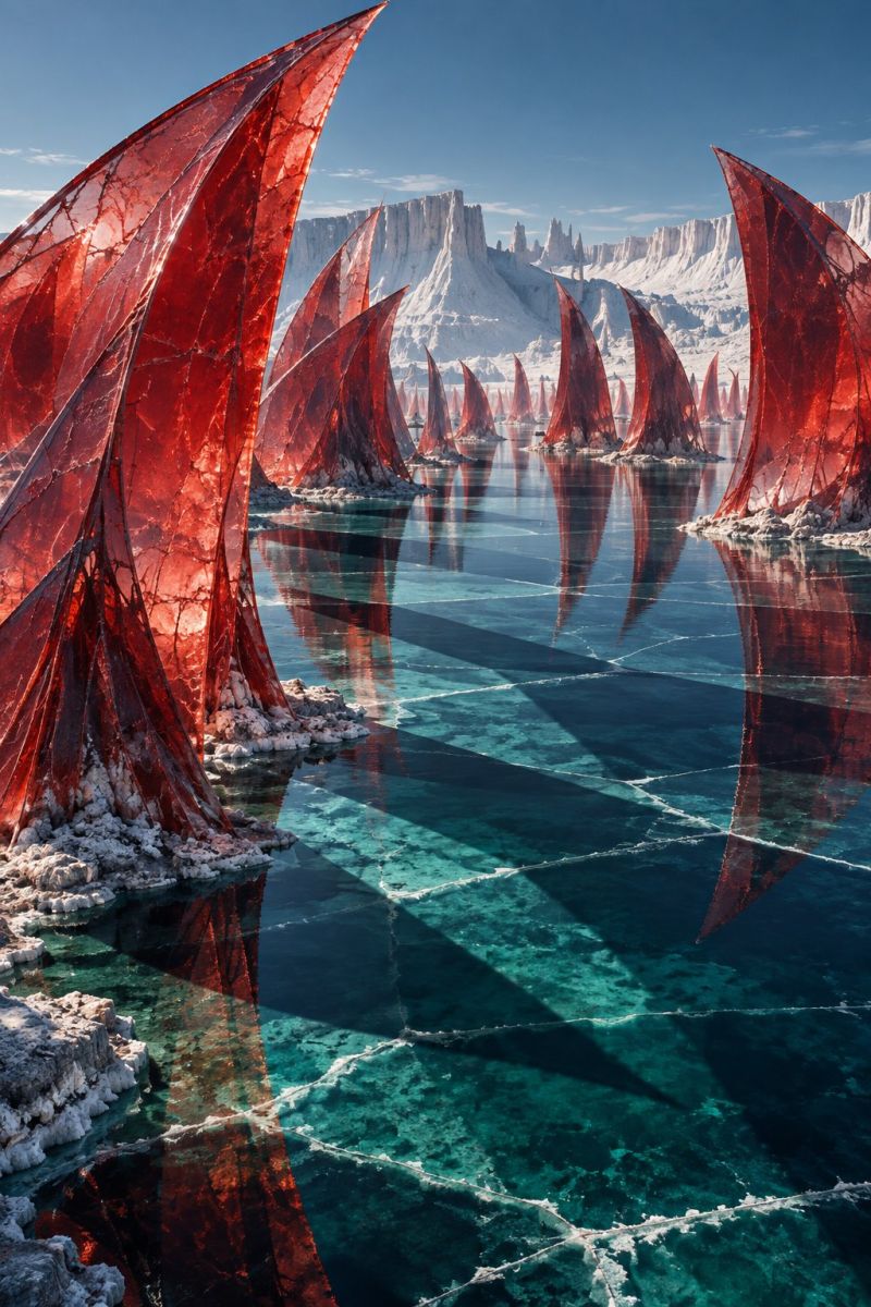 Bateaux eau lac glace reflet ciel montagnes neige rochers vagues voiles nature air voyages aventure exploration scène sereine et surréaliste mettant en scène de nombreux voiliers aux voiles rouges flottant sur un vaste plan d'eau bleu clair. Les voiles sont conçues de manière complexe avec un motif en forme de treillis, ce qui leur confère un aspect délicat et presque éthéré. L'eau est calme et reflète les voiliers et le ciel au-dessus, créant un effet miroir. En arrière-plan, des falaises rocheuses et des montagnes couvertes de neige ajoutent au paysage spectaculaire et pittoresque. Le ciel est clair avec quelques nuages épars, ce qui contribue à l'atmosphère paisible de la scène.