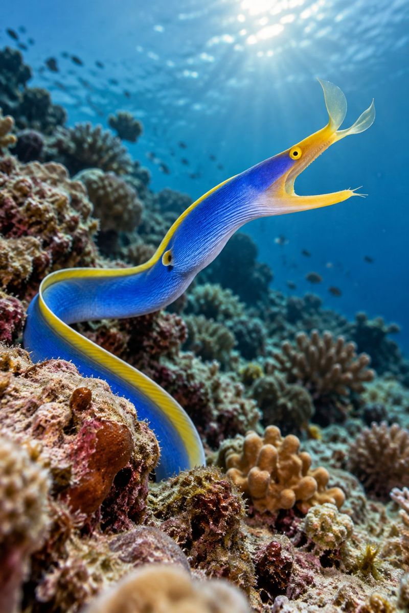 Fish underwater ocean sea tropical reef aquatic wildlife nature coral seascape fishes marine life ecosystem conservation ecology A vibrant underwater scene features a long, slender fish with a striking blue and yellow color pattern. The fish has a long, pointed snout and is opening its mouth wide, possibly to scare off a predator or to catch prey. The fish is swimming near a coral reef, which is adorned with various corals in different colors and shapes. The water is clear, and sunlight filters through, creating a beautiful and serene underwater environment.