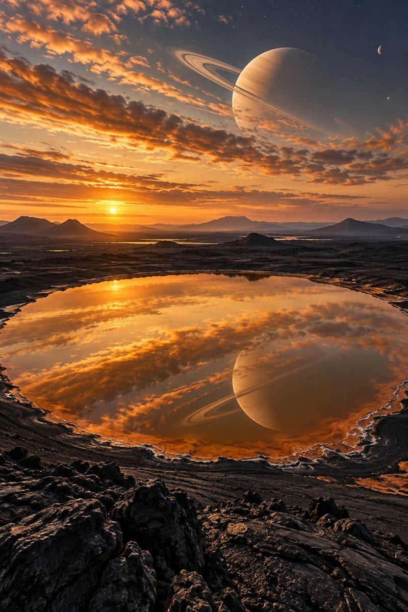 Planet sky space sunset lake reflection horizon mountain cloud water rock rocks rocky shore vast, arid landscape with a large, reflective body of water at its center. The water mirrors the sky, which is a mix of warm sunset hues and scattered clouds. In the sky, a large planet with prominent rings is visible, creating a striking contrast against the back of a setting sun. The sun itself is partially obscured by clouds, casting a golden glow over the scene. Mountains and rocky terrain surround the water, adding to the desolate yet majestic atmosphere. The horizon is dotted with distant hills and a few celestial bodies, including a small moon.
