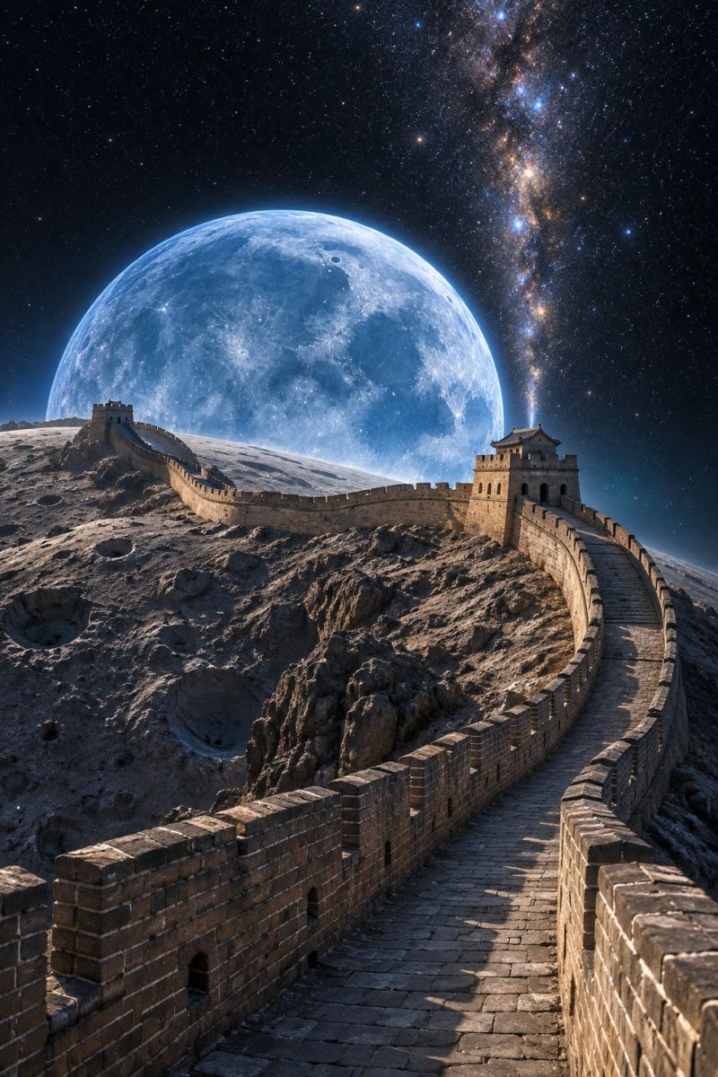 Mur lune ciel nuit espace galaxie univers astronomie cosmos etoile planete celeste astrophysique astrologie astrophotographie astronomique scène surréaliste où la Grande Muraille de Chine est située à la surface de la lune. Le mur est construit en briques et possède une série de tours de guet sur toute sa longueur. La surface de la lune est rocheuse et aride, avec une grande pleine lune dans le ciel, projetant une douce lueur bleutée sur l'ensemble de la scène. Le ciel nocturne est rempli d'étoiles et la galaxie de la Voie lactée est visible et s'étend dans le ciel. La surface de la lune est illuminée par le soleil, créant un contraste saisissant entre la lumière et l'ombre du mur et la surface de la lune.