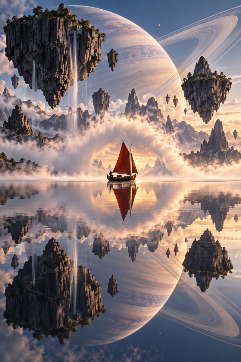 Bateau eau reflet montagne ciel nuage rocher ile cascade soleil lever coucher mer ocean horizon brouillard brume brumeuse Au premier plan, un petit voilier à voile rouge flotte sur un plan d'eau calme. L'eau reflète le ciel, les nuages et le paysage environnant. Derrière le bateau, il y a des formations rocheuses flottantes avec des cascades qui descendent en cascade. Le ciel est rempli de nuages et au loin, il y a une grosse planète avec des anneaux qui ressemblent à Saturne. La scène se déroule sur fond de coucher de soleil éclatant, avec des couleurs chaudes illuminant le paysage.