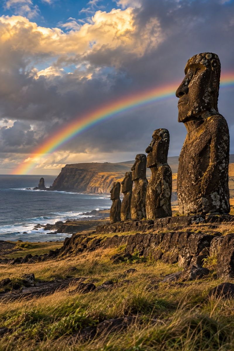 Statue stone sculpture cliff ocean sea sky rainbow cloud hill mountain rock grass nature outdoors daytime sunlight sun sunny group of ancient stone statues, known as Moai, standing on a grassy cliff overlooking the ocean. The statues are carved from volcanic rock and have distinct facial features. A vibrant rainbow stretches across the sky, adding a magical touch to the scene. The ocean is calm, with waves gently lapping against the rocks. In the background, there is a rugged cliff and a distant mountain range. The sky is partly cloudy, with some areas of blue and sunshine peeking through.
