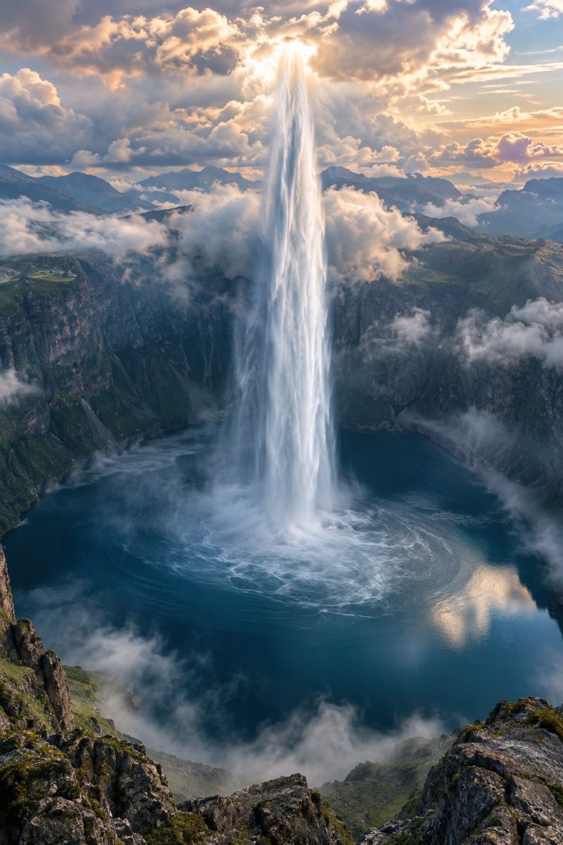 Cascade montagne lac nuage ciel soleil reflexion embruns brume roche eau Une majestueuse cascade d'une haute falaise se jette dans une piscine profonde et tourbillonnante située en contrebas, entourée de falaises rocheuses et d'une végétation luxuriante. La cascade est illuminée par le soleil couchant, projetant une lueur chaude sur la brume et les nuages qui tourbillonnent autour d'elle. Le ciel au-dessus est un mélange de teintes orange et rose, avec des nuages épars qui ajoutent à l'effet spectaculaire. Au loin, une chaîne de montagnes est visible, dont les sommets sont partiellement masqués par les nuages.