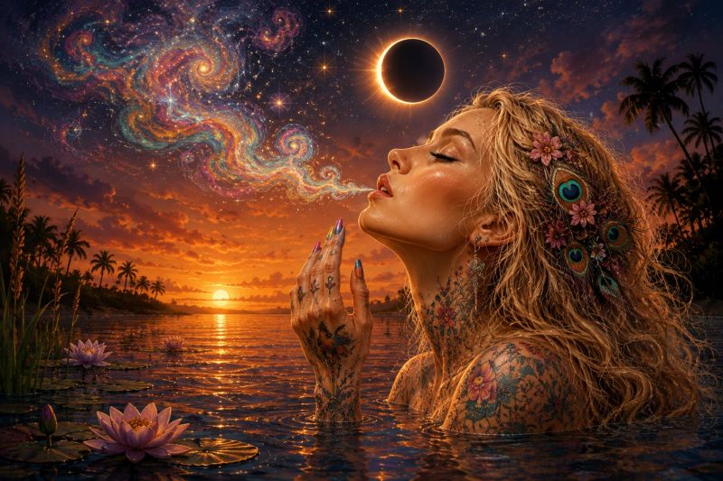 Woman water flowers tattoos feathers sun sky night sunset ocean stars clouds galaxy eclipse dreamy fantasy surreal beauty palm trees A woman with long, wavy blonde hair adorned with colorful flowers and peacock feathers is standing in a serene body of water, possibly a lake or a river. She has tattoos on her arms and shoulders, featuring floral and abstract designs. She is blowing a colorful, swirling mist that seems to be a part of the magical scene. The sky above is a blend of deep blues and oranges, with a stunning sunset on the horizon and a partial solar eclipse in the center. The water is calm, with water lilies floating on the surface. In the background, there are silhouettes of palm trees and a distant silhouette of a mountain range.