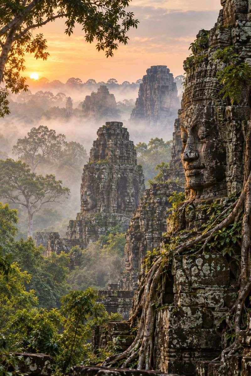 Ancienne architecture asie atmosphere beaute batiment bouddha cambodge cambodgien culture jour destination foret patrimoine histoire monument statue scène sereine et mystique d'anciennes structures en pierre partiellement récupérées par la nature. Le premier plan présente une grande face en pierre patinée sculptée sur le côté d'un temple, recouverte de vignes et de mousse. Le temple fait partie d'un complexe plus vaste, avec d'autres structures en pierre visibles à l'arrière-plan, dont certaines sont partiellement masquées par le brouillard et les arbres. Le ciel est légèrement dégradé d'orange et de rose, indiquant le lever ou le coucher du soleil. L'atmosphère générale est paisible et intemporelle, les jeux d'ombres et de lumières ajoutant de la profondeur et du caractère à la scène.