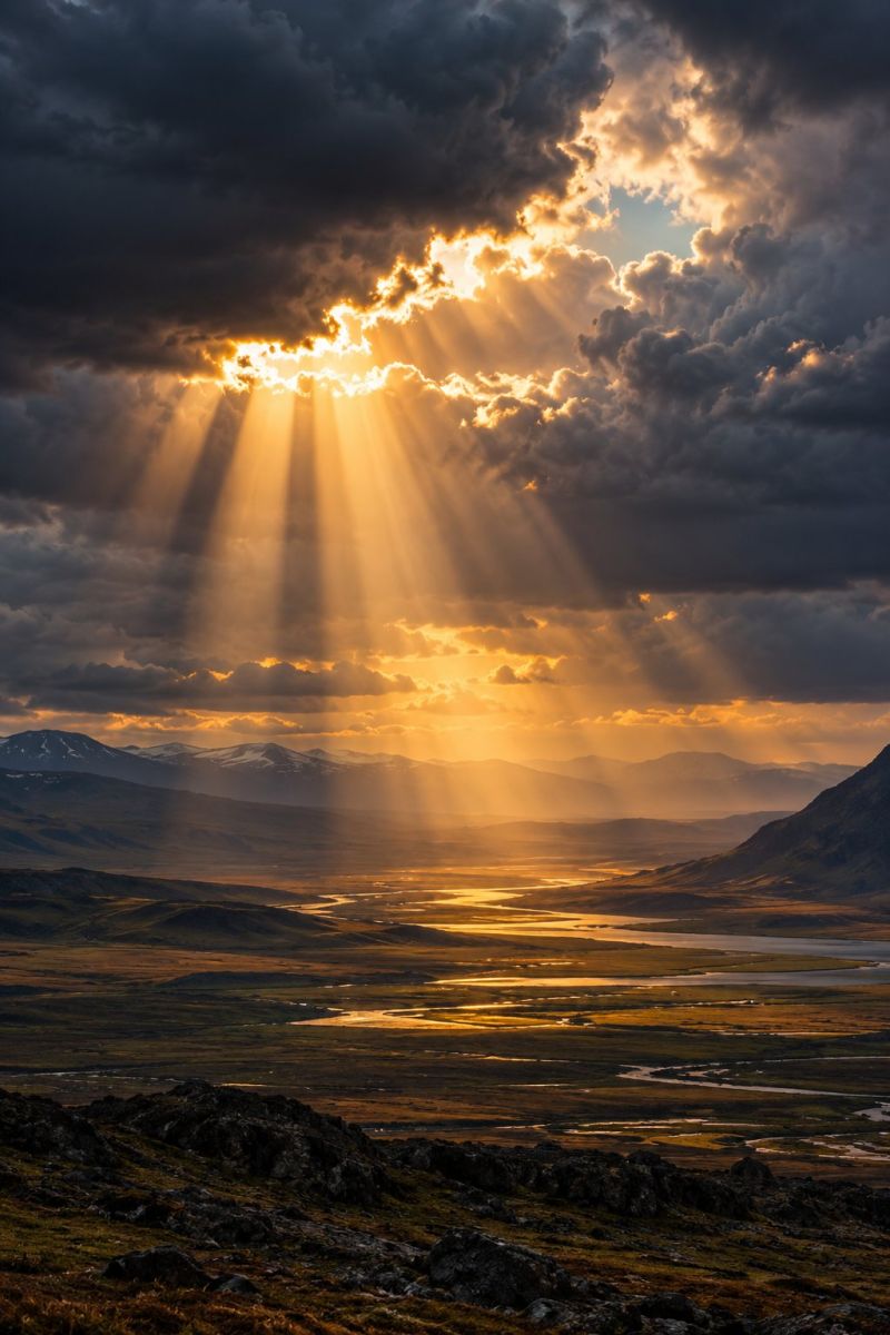 Sky sun clouds mountains valley river nature sunset horizon grass rocks water reflection shadows atmosphere weather scenery dramatic sunset over a vast, open landscape. The sky is filled with dark, heavy clouds, but rays of sunlight break through, casting a golden glow over the scene. The sun's rays create a striking contrast against the dark clouds, illuminating the landscape below. In the foreground, there are rocky hills and patches of grass. The horizon reveals a wide valley with a river snaking through it, reflecting the warm colors of the sunset. In the distance, a range of mountains with snow-capped peaks stands against the fading light. The overall scene is serene yet powerful, capturing the beauty of nature at dusk.