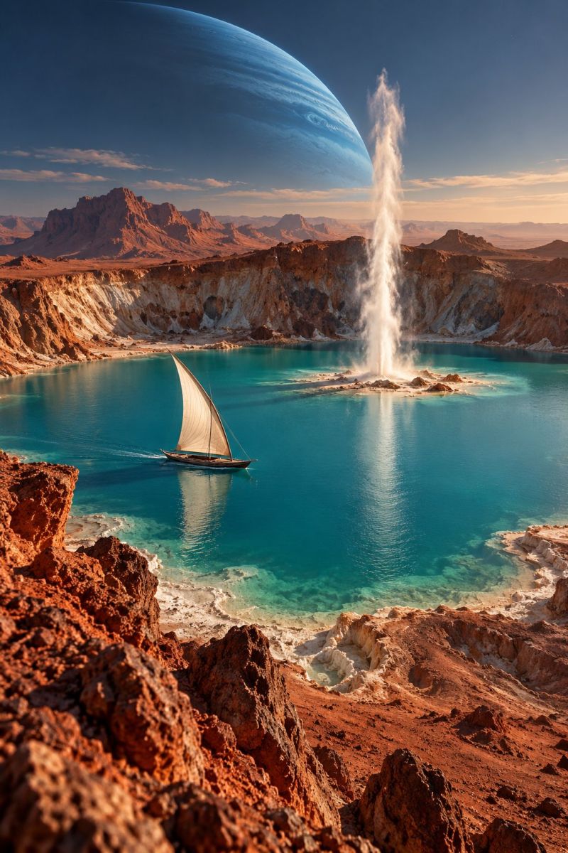 Boat water lake rock mountain sky cloud planet space waterfall reflection sun sunlight sunrise sunset sand desert geology geographic feature A sailboat with a tall white sail glides across a serene, turquoise lake. The lake is surrounded by rugged, reddish-brown cliffs and rocky terrain. In the center of the lake, a large water fountain sprays water high into the air. The sky is a deep blue, with a large planet visible in the distance, adding a sense of scale and wonder to the scene. The water reflects the sky and the surrounding landscape, creating a peaceful and picturesque view.