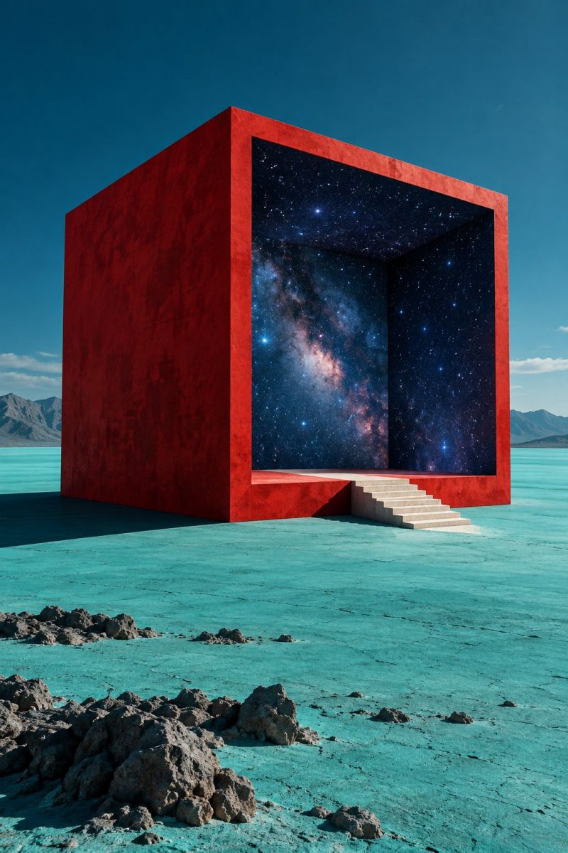 Cube rouge espace galaxie etoiles cosmos univers celeste astronomie cosmique imagination design architecture structure nuit ciel Au centre de l'image se trouve un grand cube rouge avec une ouverture carrée sur un côté. L'ouverture offre une vue imprenable sur le ciel nocturne rempli d'étoiles et d'une galaxie proéminente. Le cube est situé sur une surface plate et turquoise, peut-être un lac ou une mer, entourée de roches éparses. Le ciel au-dessus est d'un bleu clair et au loin, il y a des montagnes. La scène est sereine et surnaturelle, les couleurs vives du cube contrastant fortement avec l'environnement naturel.