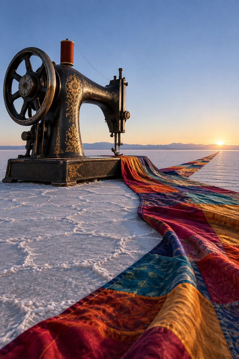 Ces quilt couette fabric tissu sunset coucher soleil desert sand sable colorful pattern thread fil wheel roue needle aiguille stitch point couture cra Une machine à coudre ancienne avec une grande roue et une bobine de fil rouge est posée sur une vaste surface plane et blanche, probablement un salar. La machine à coudre est placée sur la gauche, et une couverture multicolore et vibrante est étalée sur la droite, s'étendant vers l'horizon. La couverture est faite de divers tissus, notamment de soie, de velours et de coton, dans des teintes de rouge, bleu, jaune et vert. Le ciel au-dessus est clair et bleu, avec le soleil se couchant au loin, projetant une lueur chaude sur la scène. Au loin, on distingue les contours flous de montagnes.