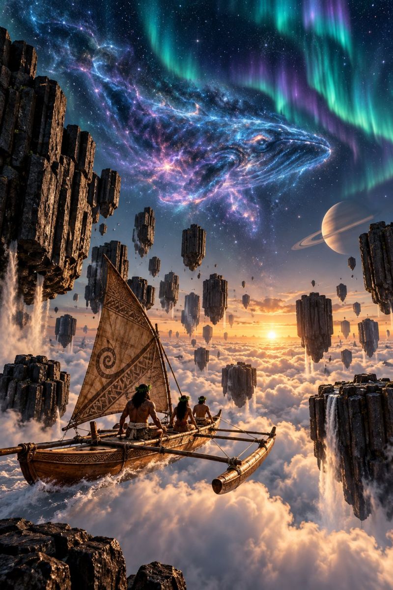 Canoe canoeiste canoeistes Dans une scène surréaliste, un bateau polynésien traditionnel avec une voile ornée de motifs complexes flotte dans le ciel. Trois personnes sont à bord, pagayant à travers les nuages. Le ciel est un mélange de couleurs vibrantes de l'aurore boréale, avec des étoiles et une planète lointaine visibles. Le bateau est entouré de formations rocheuses flottantes, dont certaines ont des cascades qui en découlent. L'arrière-plan présente une galaxie aux couleurs tourbillonnantes et une majestueuse silhouette de baleine.